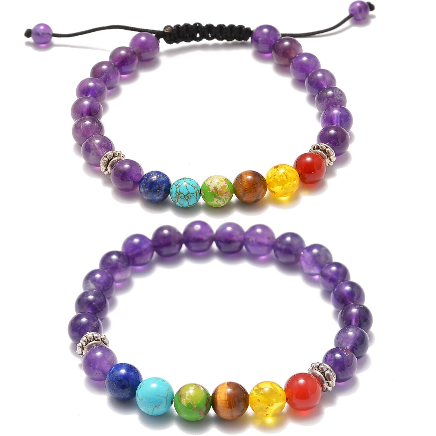 AD Beads 2Pcs His & Hers Distance Beads Bracelets Elastic Natural Stone Yoga Bracelet (7 Chakras-Amethyst)
