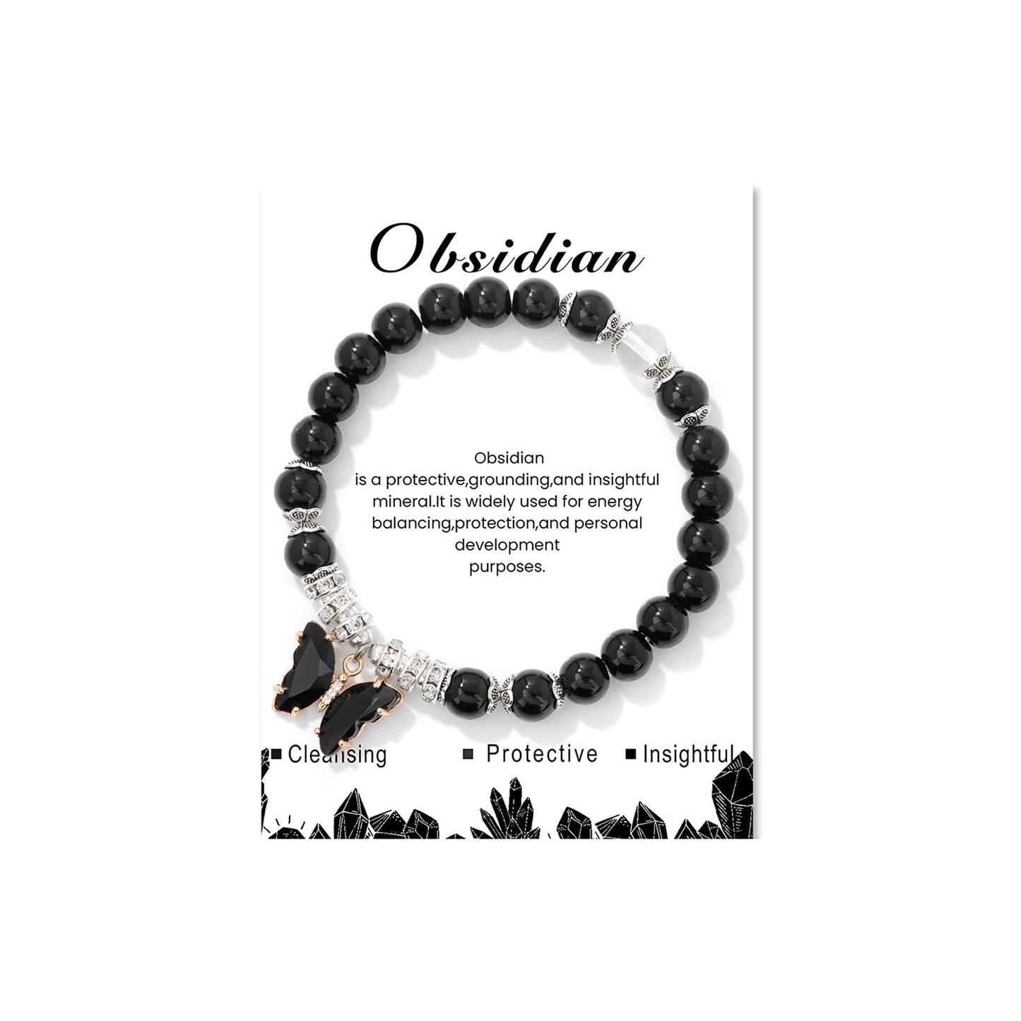Black Tourmaline Bracelet for Women 8mm Adjustable Butterfly Charm Bracelet Black Crystal Bracelet Obsidian Bracelet Black Onyx Bracelet Black Obsidian Jewelry for Women