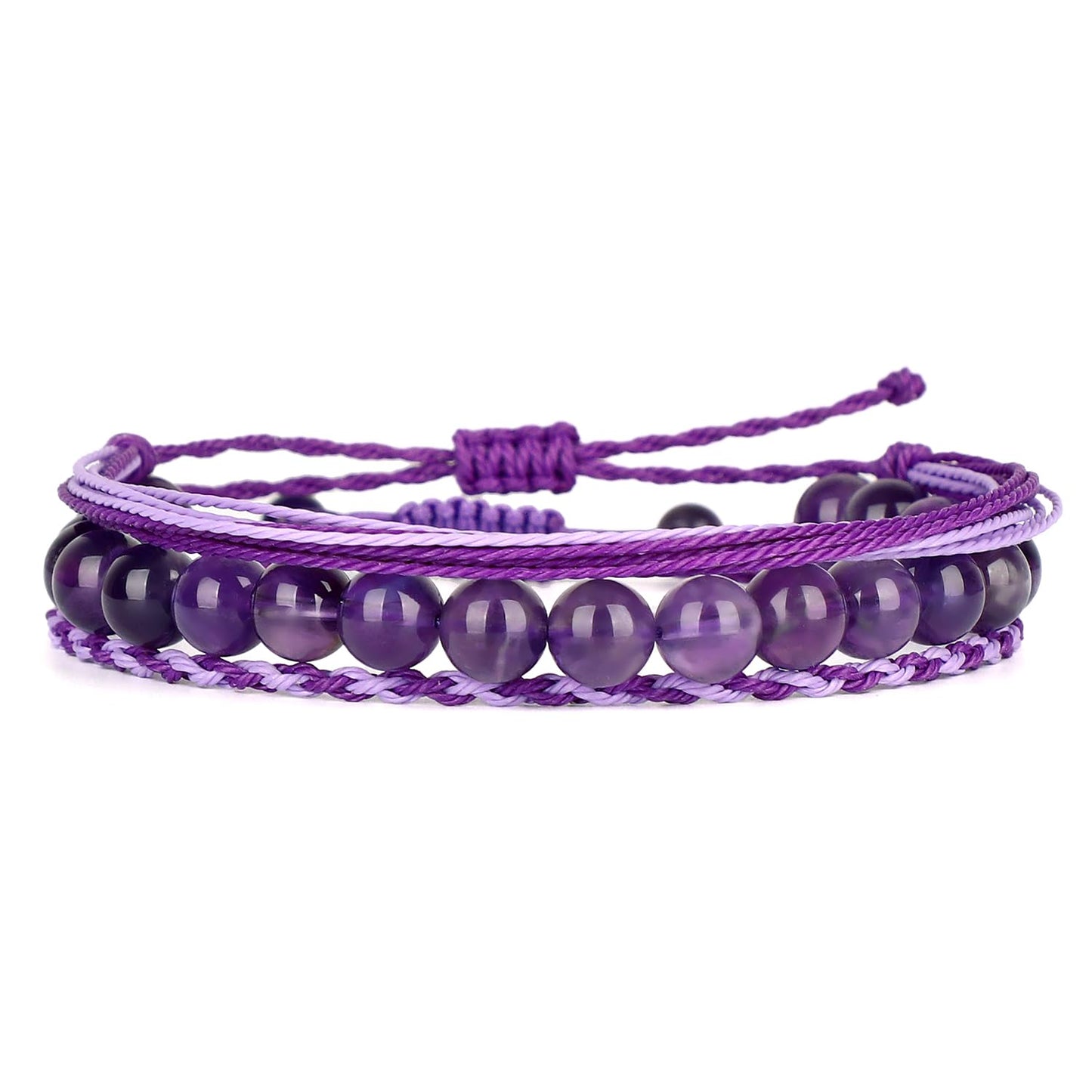 QOGIR Handmade Healing Stones Bracelets,8mm Natural Amethyst Beaded Bracelets,for Men Women Gifts with 2PCS Size Adjustable Rope Bracelets