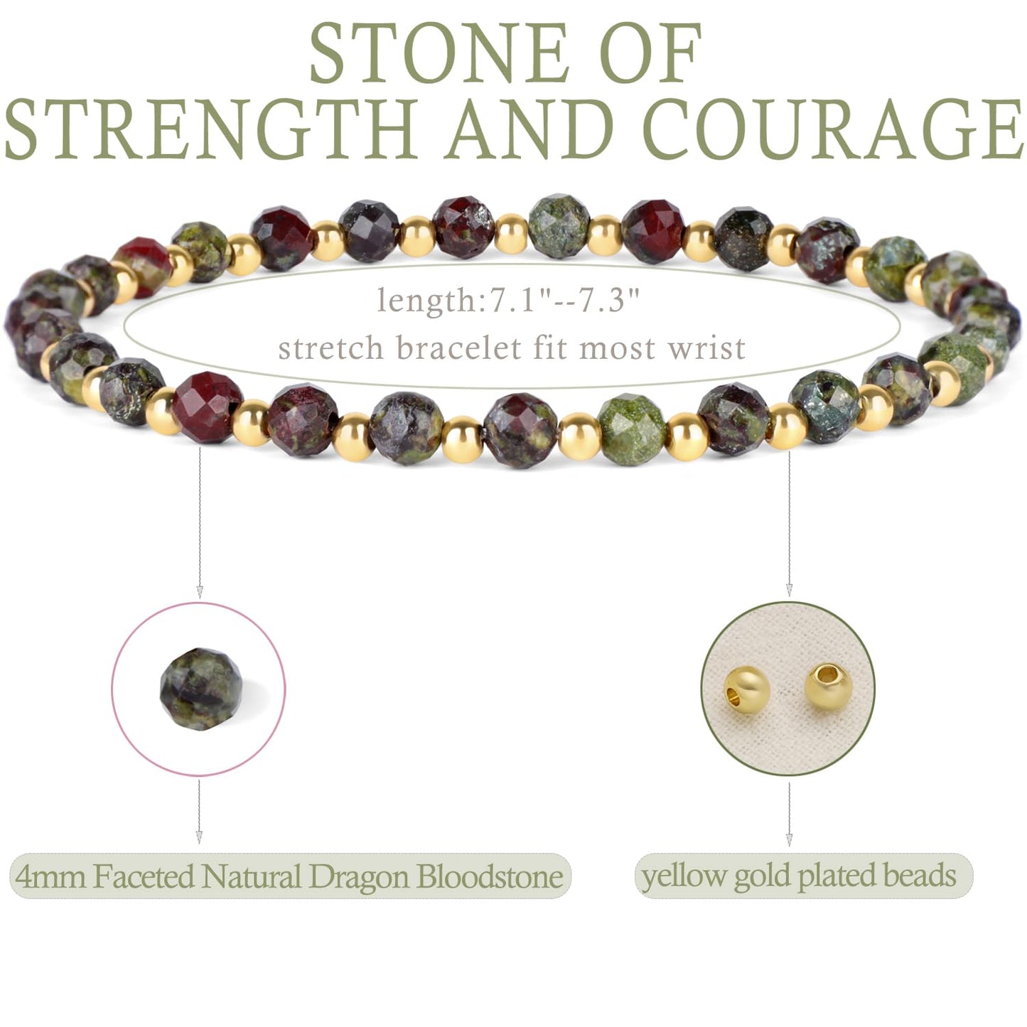 QOGIR Dragon Bloodstone - Strength and Courage - 14K Gold Plated Beads Natural Gemstone Stretch Elastic Dainty Healing Beaded Bracelets Gifts 4mm