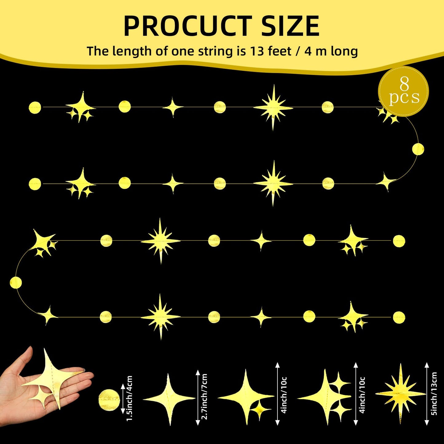 Affrolling 105 Feet Glitter Gold Four-Angle Star and Circle Dot Paper Garland Banner Decor Twinkle Hanging Bunting Banner Backdrop for Birthday Wedding Graduation Disco 2026 Party Decorations