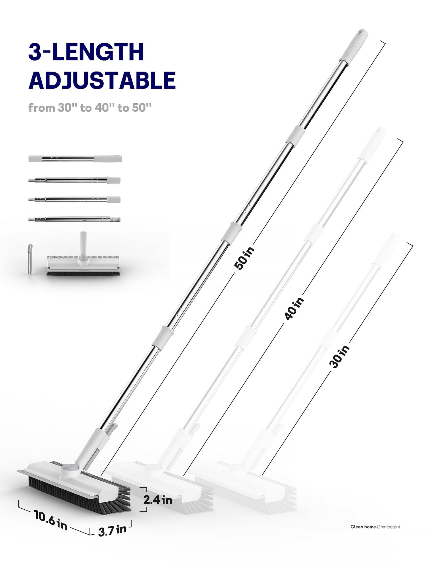 HelpX Floor Scrub Brush with Long Handle, 3 in 1 Scrape and Heavy-Duty Stiff Bristle Floor Scrubber Brush with Squeegee and Tweezer for Cleaning Tile Wall Deck Bathroom Patio Garage Kitchen (White)