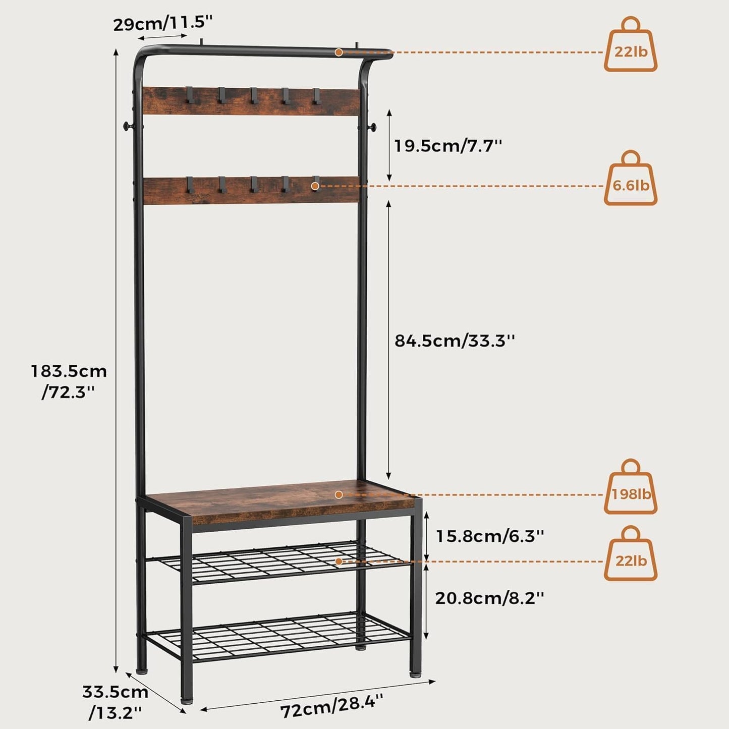 KMFurnila Hall Tree with Bench and Shoe Storage, 4-in-1 Entryway Organizer with 10 Hooks and Storage Shelf,Coat Rack Freestanding with 2-Tier Storage Shelf for Living Room, Bedroom Rustic
