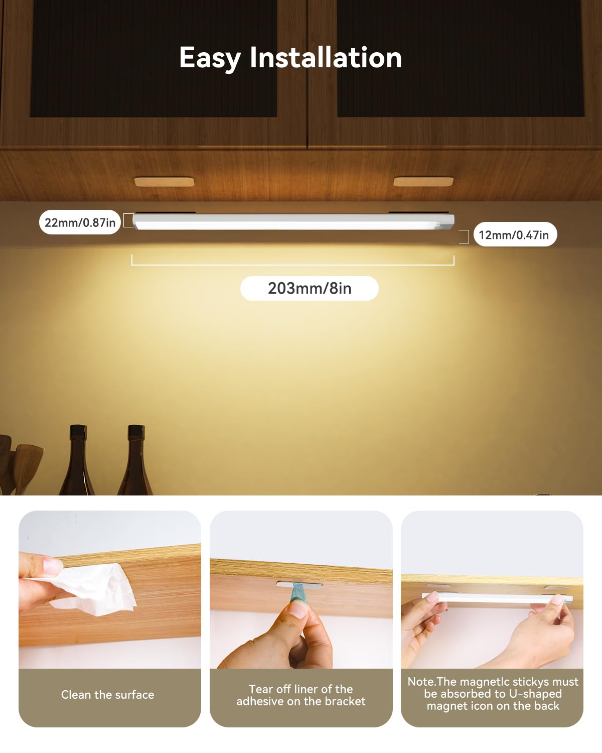 Rihvy 6-Pack 8-Inch Under Cabinet Lighting with Charging Station Rechargeable Motion Sensor Light Indoor 3 Color Dimmable Closet Light USB LED Magnetic Wireless Under Counter Lights for Kitchen Stair