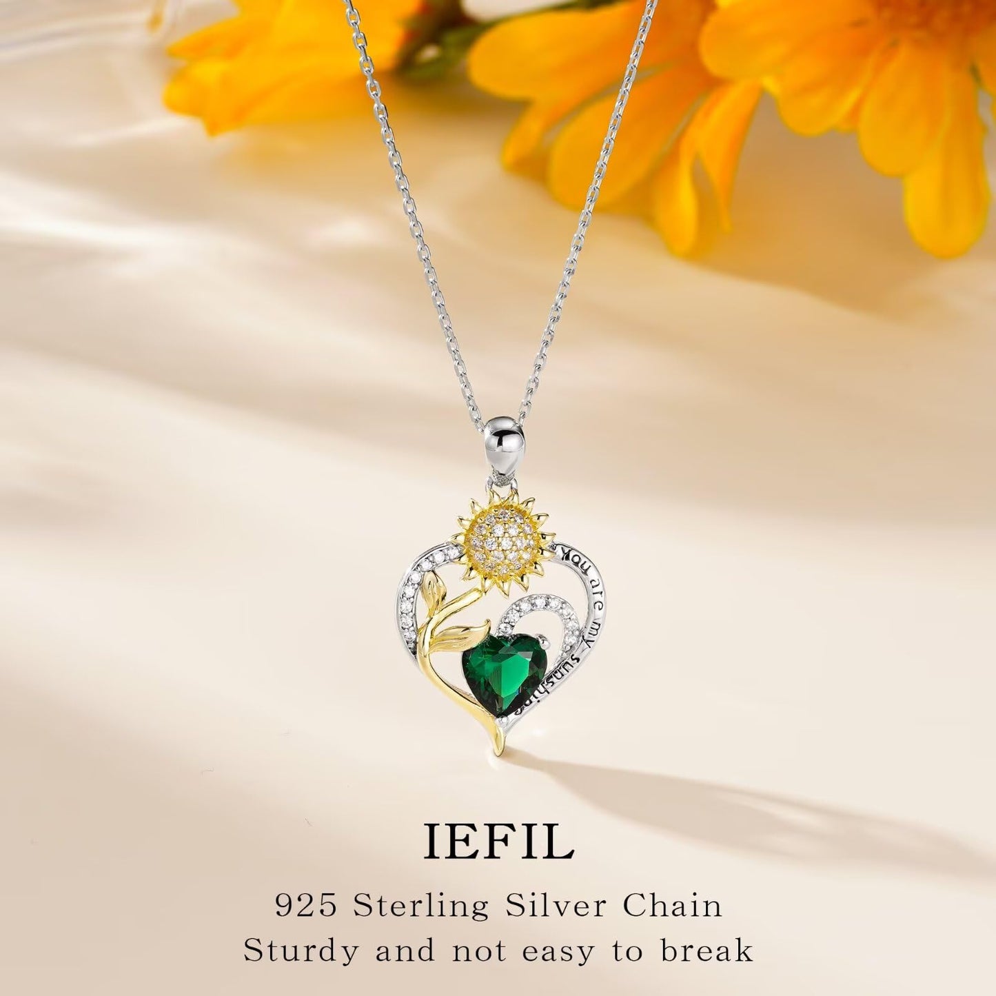Iefil Mothers Day Gifts for Wife - 925 Sterling Silver Sunflower Necklace May Simulated Emerald Necklace Birthday Mothers Day Gifts for Mom Daughter