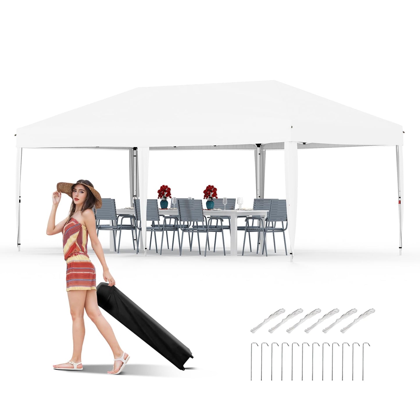 GarveeLife 10x20 Pop Up Canopy, Beach Ten with One Push Setup, Heavy Duty Outdoor Instant Canopy Tent with Portable Roller Bag, Silver Coated Top, 3 Adjustable Height, Sandbags,White