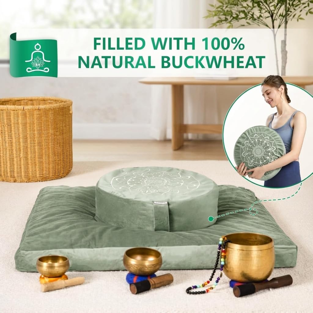 Hihealer Meditation Cushion, Traditional Tibetan Meditation Pillow Velvet Cover - Large Floor Cushion Seating for Adults - Yoga Buckwheat Bolster for Women、Moms