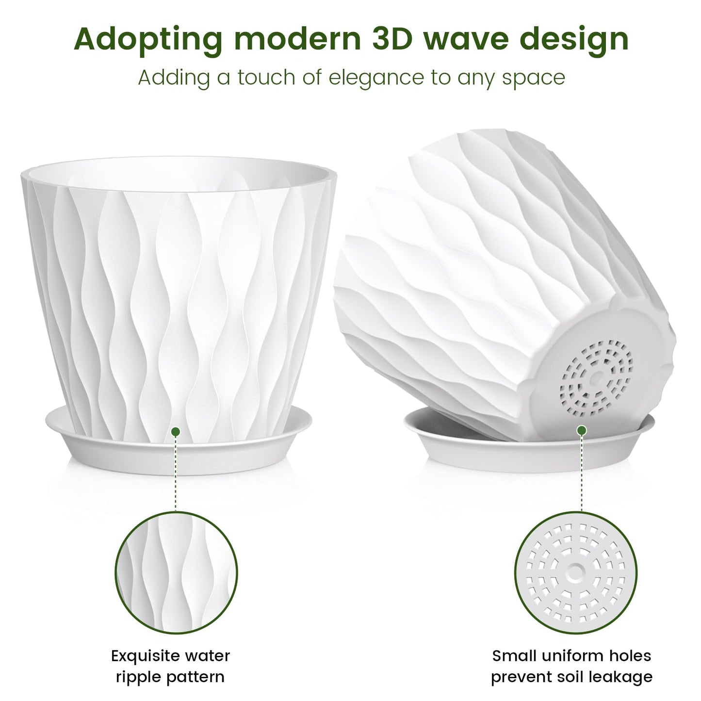 Meowell 7 inch Plant Pots for Indoor Outdoor Plants, 5 Pack Thick Nursery Pots with Drainage Holes and Saucers, 3D Modern Wave Texture Plastic Planter Pots for Flowers and House Plants, White