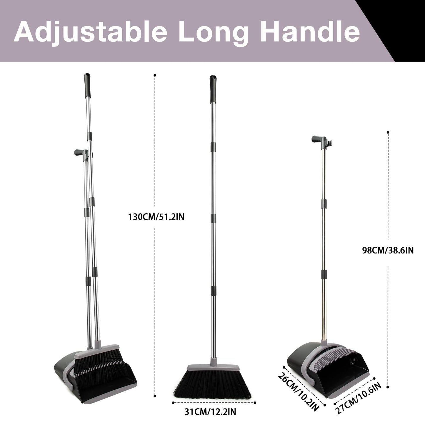 XXFLOWER Broom and Dustpan Set, Long Handle Lightweight Dustpans with Broom Combo for Home, Indoor&Outdoor Sweeping for Home Room Kitchen Office Lobby (Charcoal)
