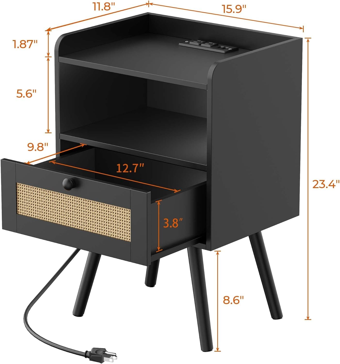 SUPERJARE Nightstand with Charging Station & Rattan-Like Decor Drawer, Rattan End Table with Solid Wood Feet, Bed Side Table with Open Storage, for Bedroom, Living Room, Dormitory - Black