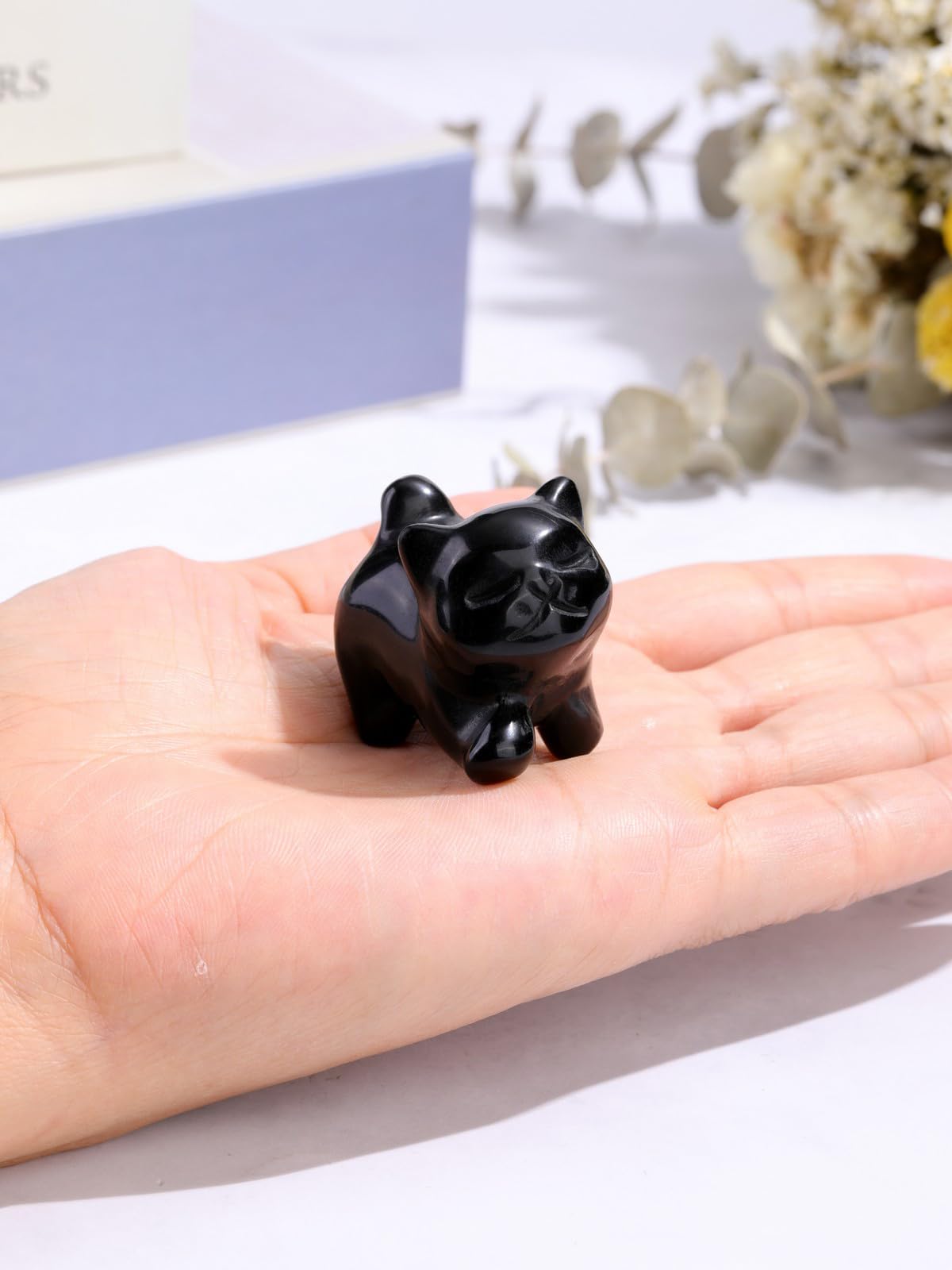 Top Plaza 1 PC Black Obsidian Crystal Cute Cat Figurine Gifts Carved Healing Lucky Home Decor Natural Gemstone Cats Collectibles Pocket Sculpture for Cat Lovers