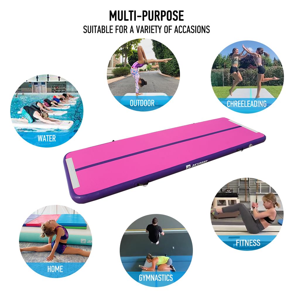 AKSPORT Air Mat Tumble Track Gymnastics Inflatable Tumbling Mats With Electric Air Pump for Home Use/Tumble/Gym/Training/Cheerleading/Parkour/Beach/Park/Water 10/13/16/20/23/26/29/33ft (Fuchsia, 20ft)