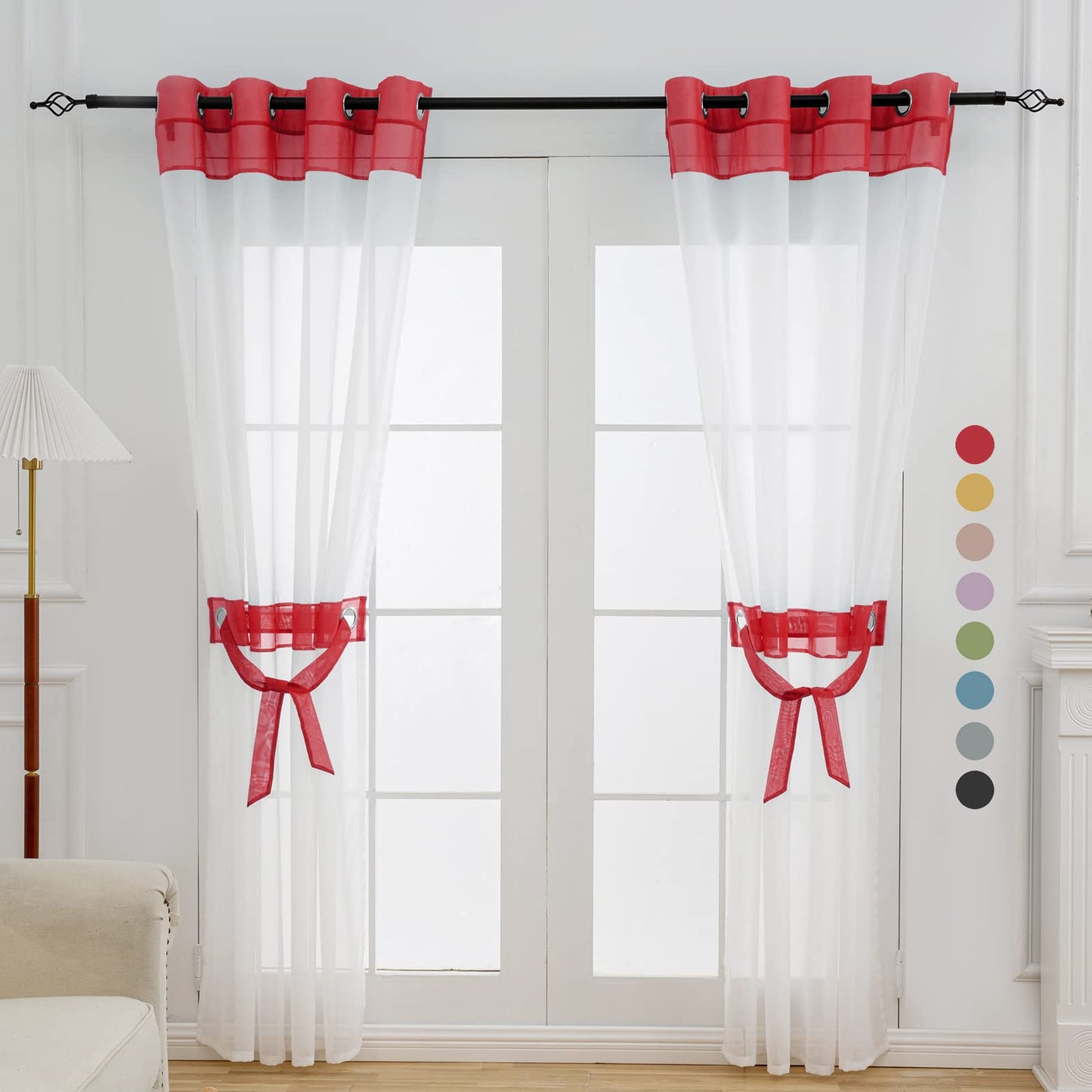 L.Z.E Red and White Sheer Curtains 84 Inches Long 2 Panels Set, Transparent Voile Window Drapes for Living Room & Dining Room with Classic Design, Elegant Grommet Curtain with Tieback