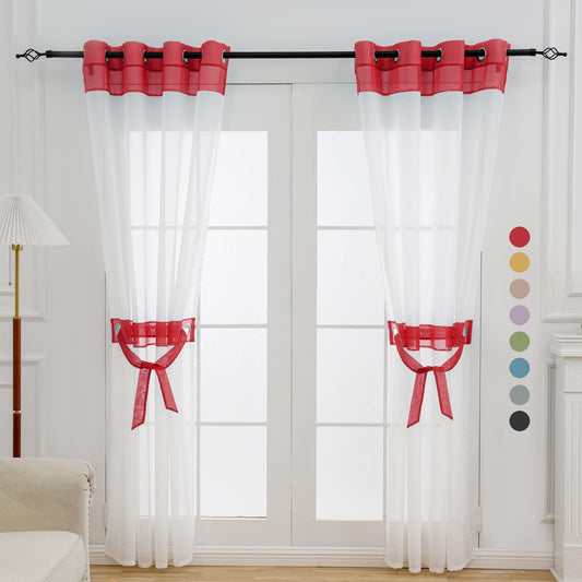 L.Z.E Red and White Sheer Curtains 84 Inches Long 2 Panels Set, Transparent Voile Window Drapes for Living Room & Dining Room with Classic Design, Elegant Grommet Curtain with Tieback