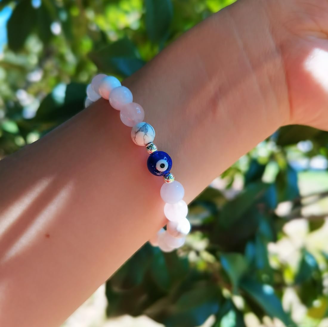 DLYFNVEV Love Friendship Harmony Peace Bracelet Rose Quartz Blue Aquamarine Howlite Eye Evil Protection Healing Crystal Beaded Anxiety Relief Triple Natural Stone Jewelry Gifts For Women