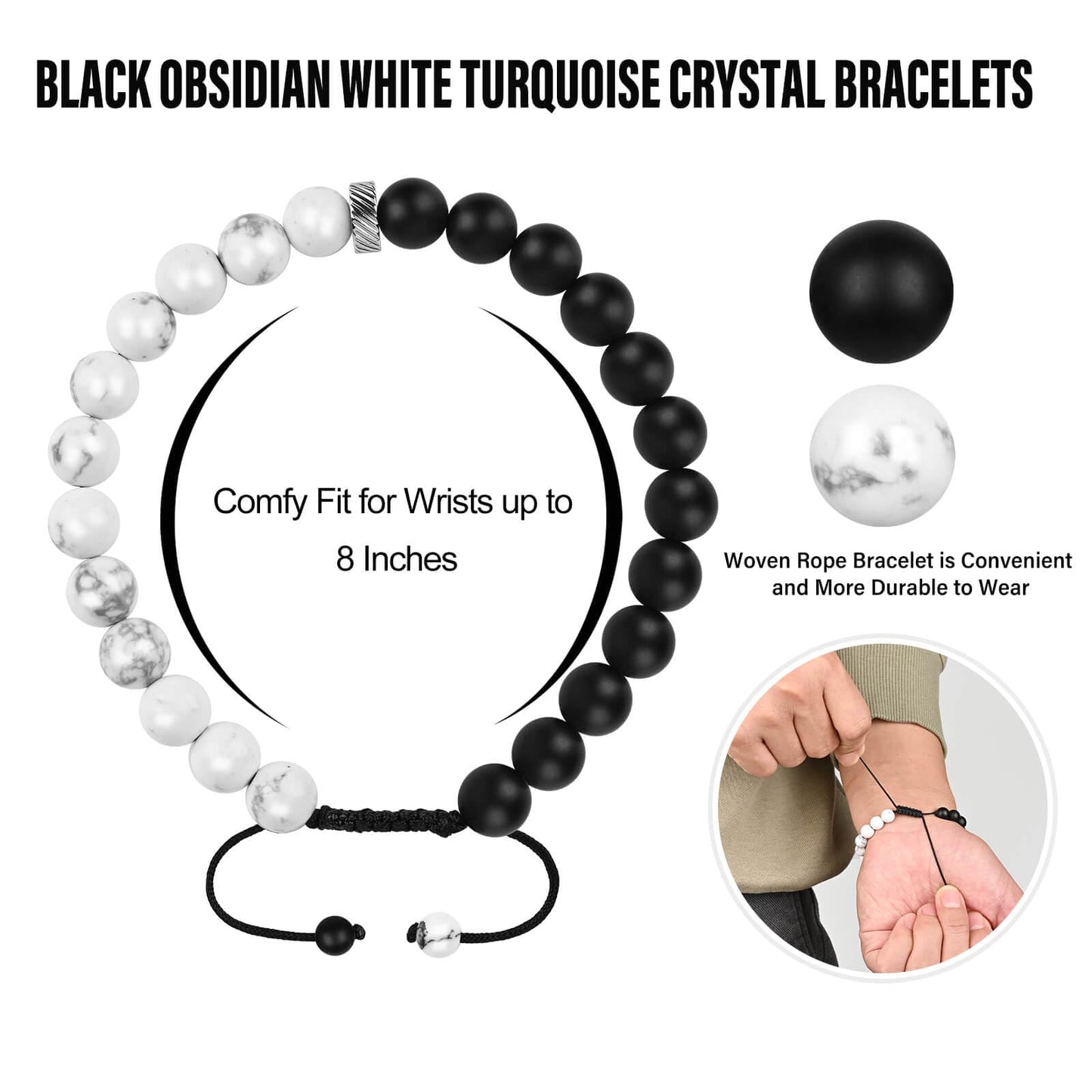 Black Obsidian White Stone Protection Bracelets, Black Obsidian Agate Men Women Crystal Bead Bracelet for Courage, Money Wealth Prosperity Handmade Good Luck Energy White Quartz Stone Bracelets
