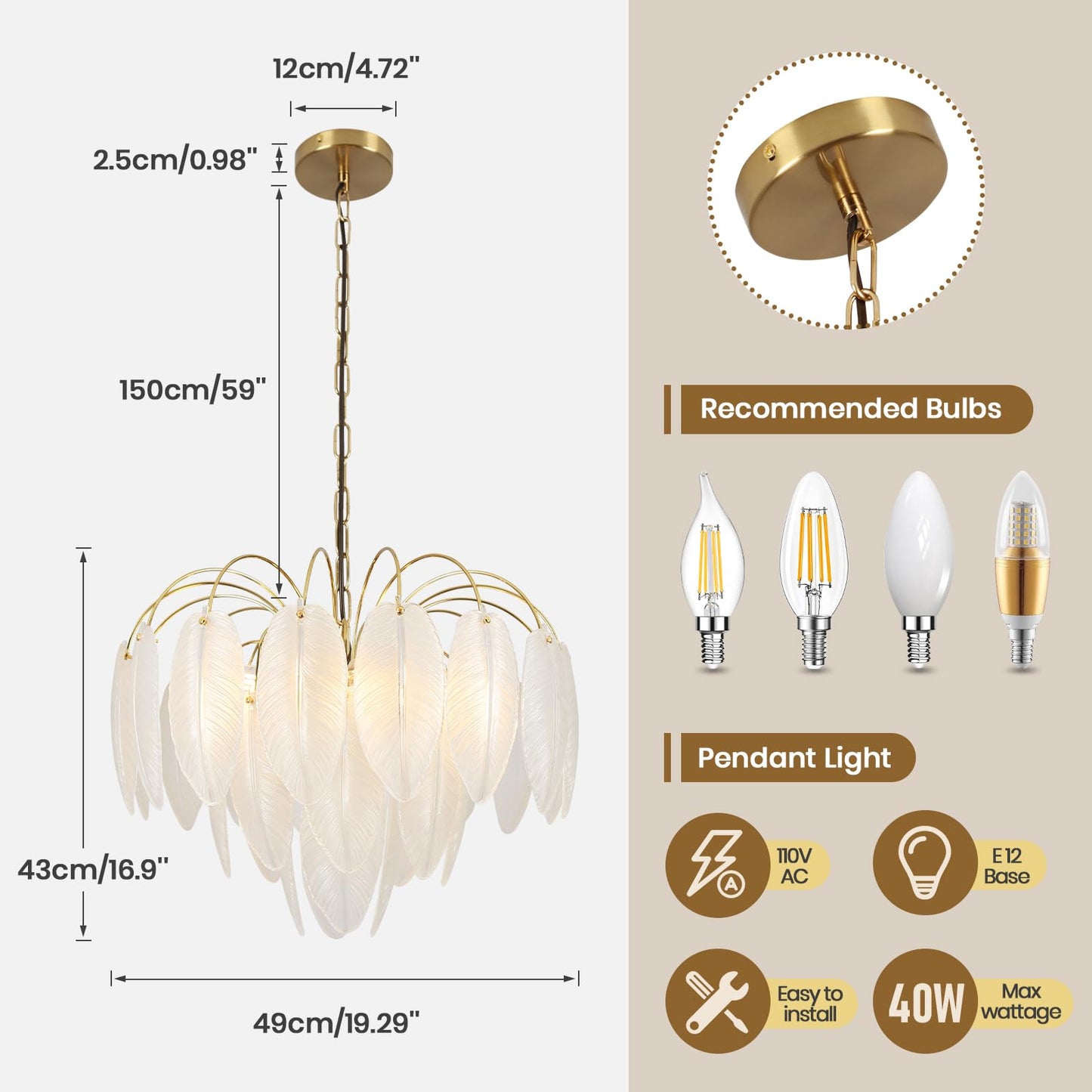 KELUOLY Modern Gold Chandelier, 19.29" Creativity Feather Glass Pendant Ceiling Light Fixtures 6-Light Round Chandelier Luxury 3 Tiers Hanging Chandelier for Dining Room Foyer Living Room Bedroom