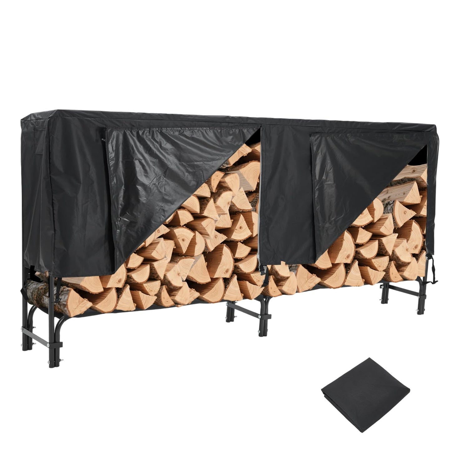 MERXENG 8ft Firewood Rack Holder with Cover, Heavy Duty Fire Log Stacker Stand for Fireplace, Outdoor Indoor Metal Wood Pile Storage Organizer, Patio Logs Stand tool, Black