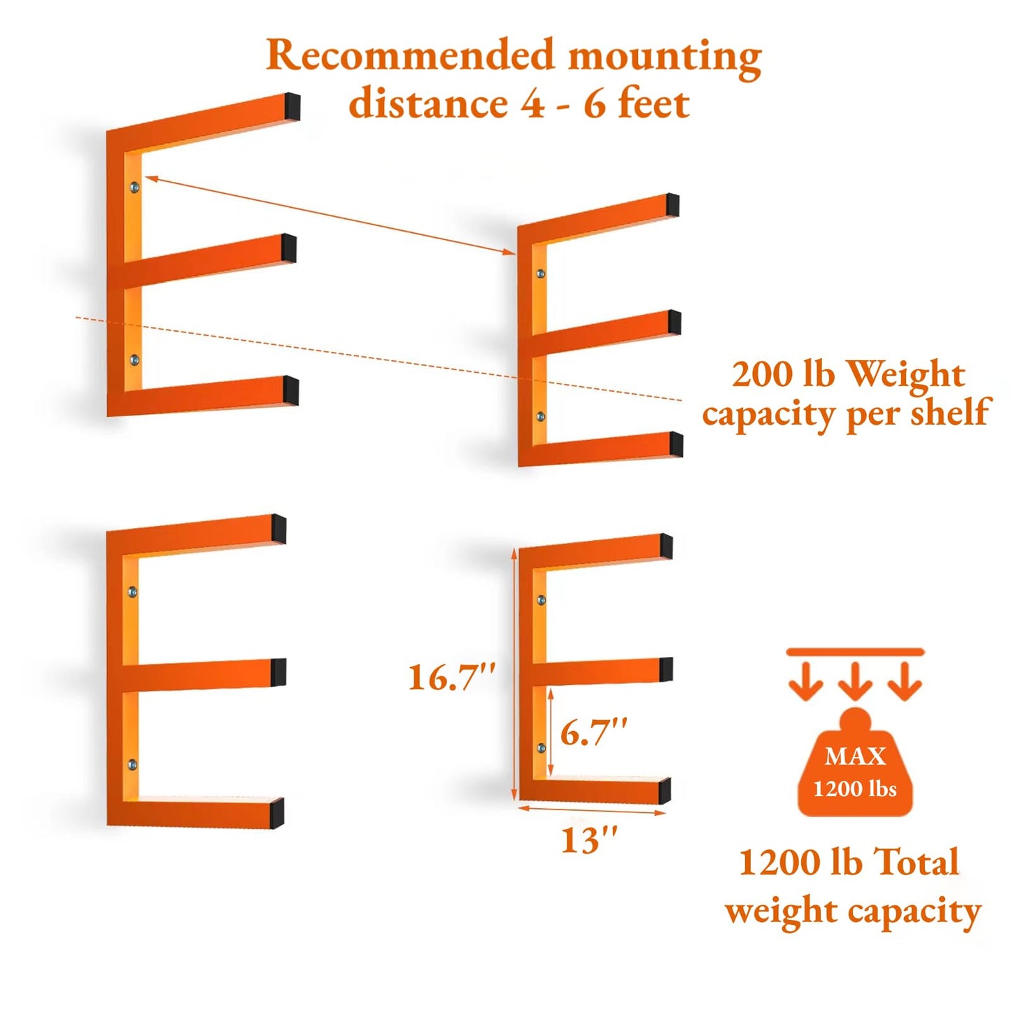 MOOMSINE Lumber Storage Rack Wall Mounted, 6-Level Holds Up 1200 Lbs Heavy Duty Wood Organizer, Metal Shelf for Shed, Workshop, Garage - 4pack, Orange