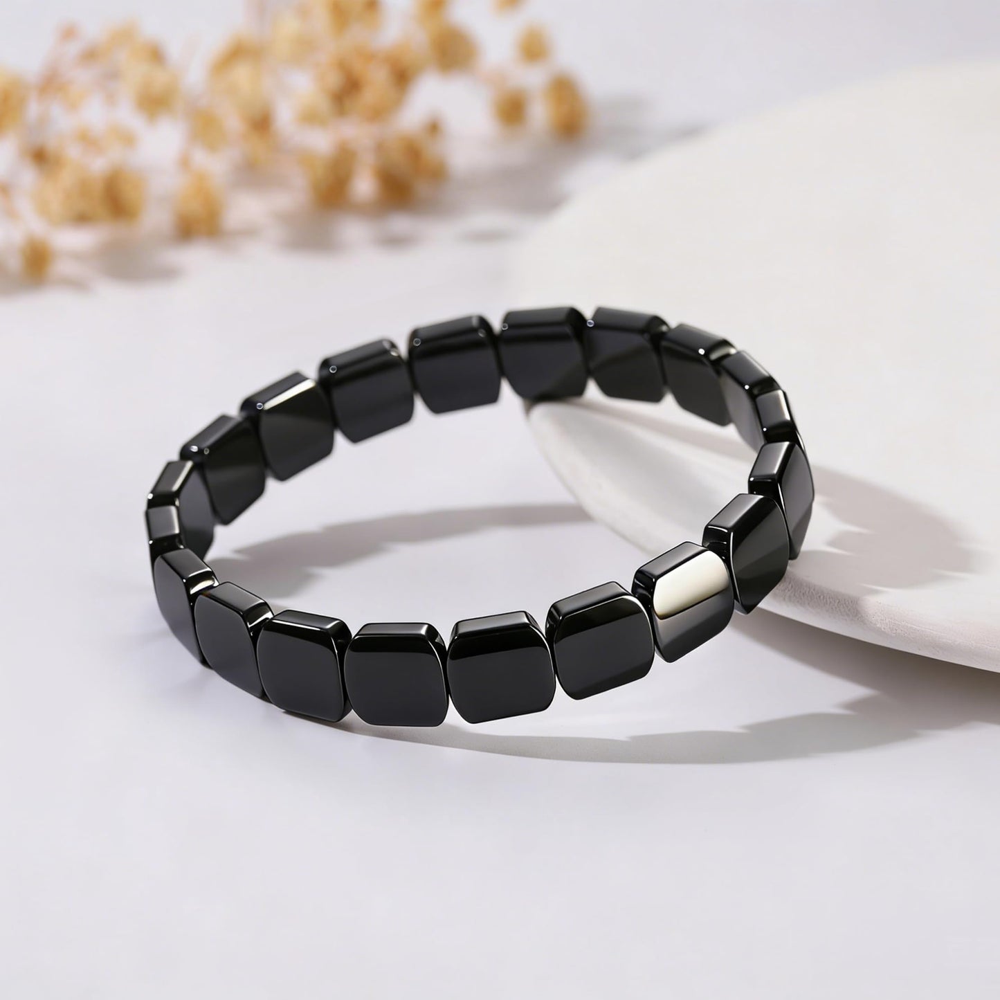DONYUDE Square Hematite Bracelet Men Reignites Masculine Energy Strech Black Natural Hematite for Dad Husband Boyfriend Birthday Motivational Gift for Confidence Strength Crystal Jewelry