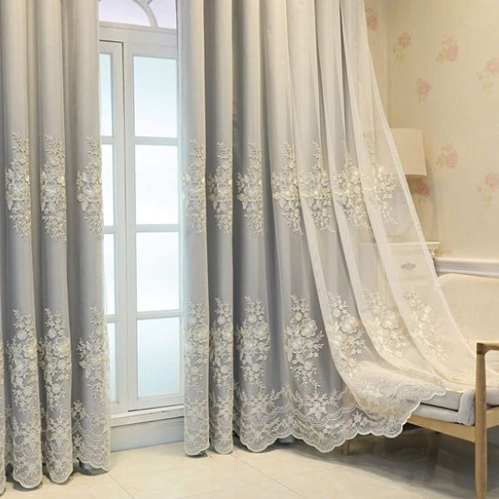 Amidoudou 1 Pair European Double Layer Curtains Luxury Flower Embroidered Curtains for Living Room Bedroom (Grey,52x90 Inch)
