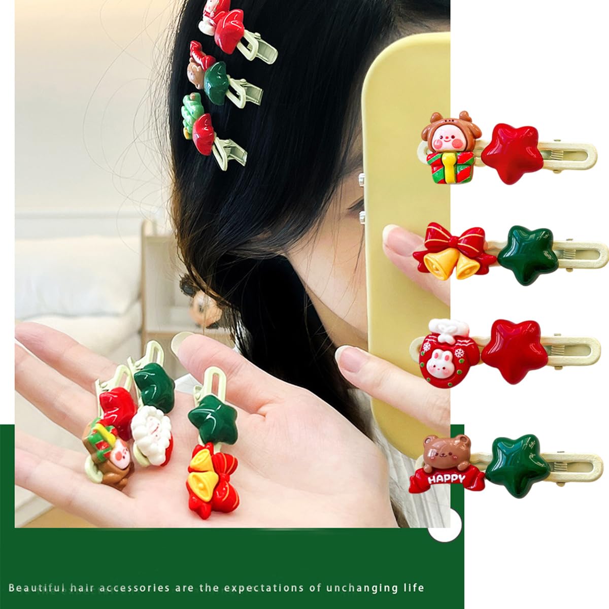 Christmas Hair Clips for Women 6Pcs Cute Hair Barrettes Cartoon Star Santa Claus Bell Gloves Fashion Accessories Xmas Tree Side clip Design Christmas Claw Clips for Women Holiday Party Hairs Decor