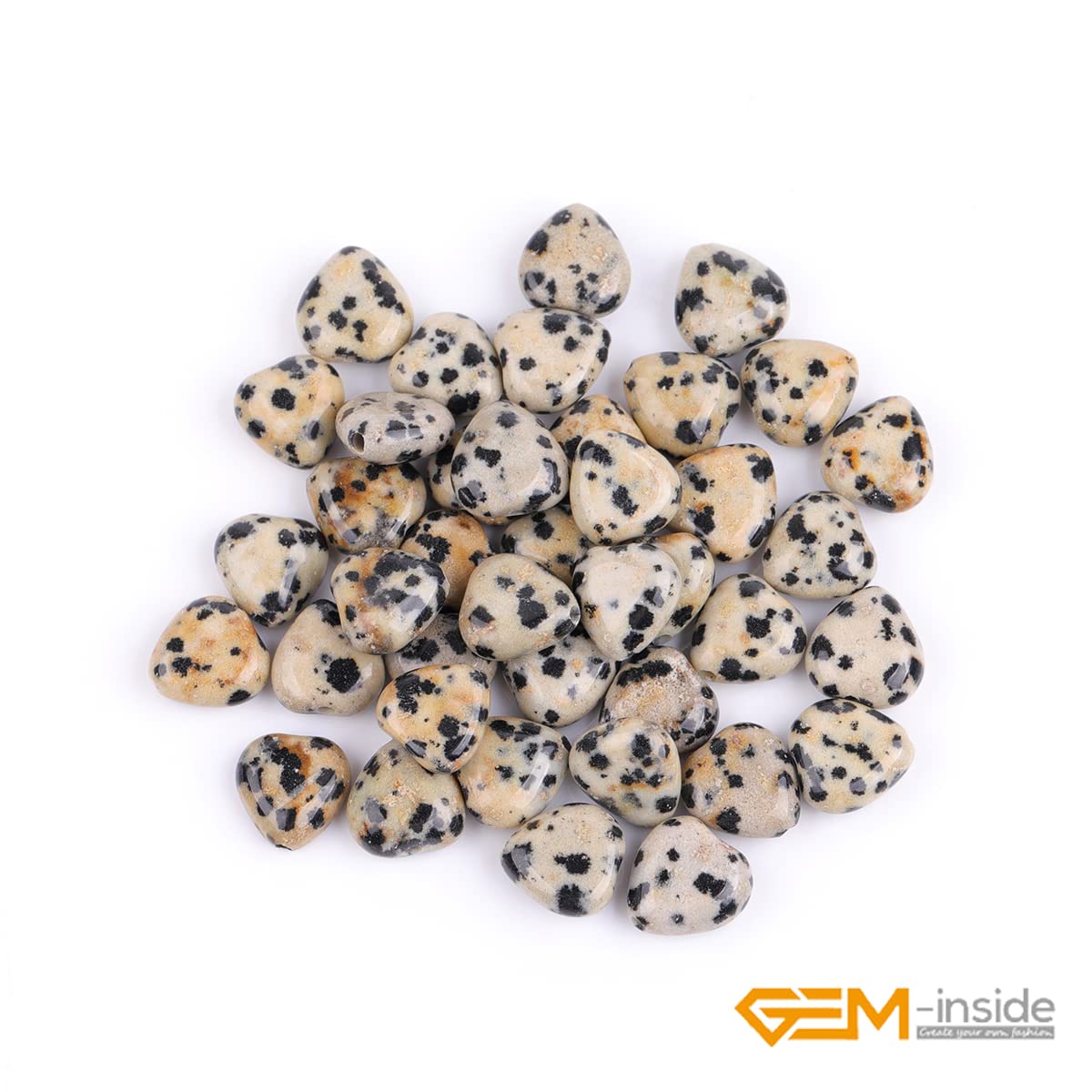 GEM-Inside 10mm Heart Charms Natural Khaki Yellow Dalmatian Dalmation Jasper Gemstone Stone Beads for Jewelry Making Full 15" Strand Power Energy Healing Stone Beads