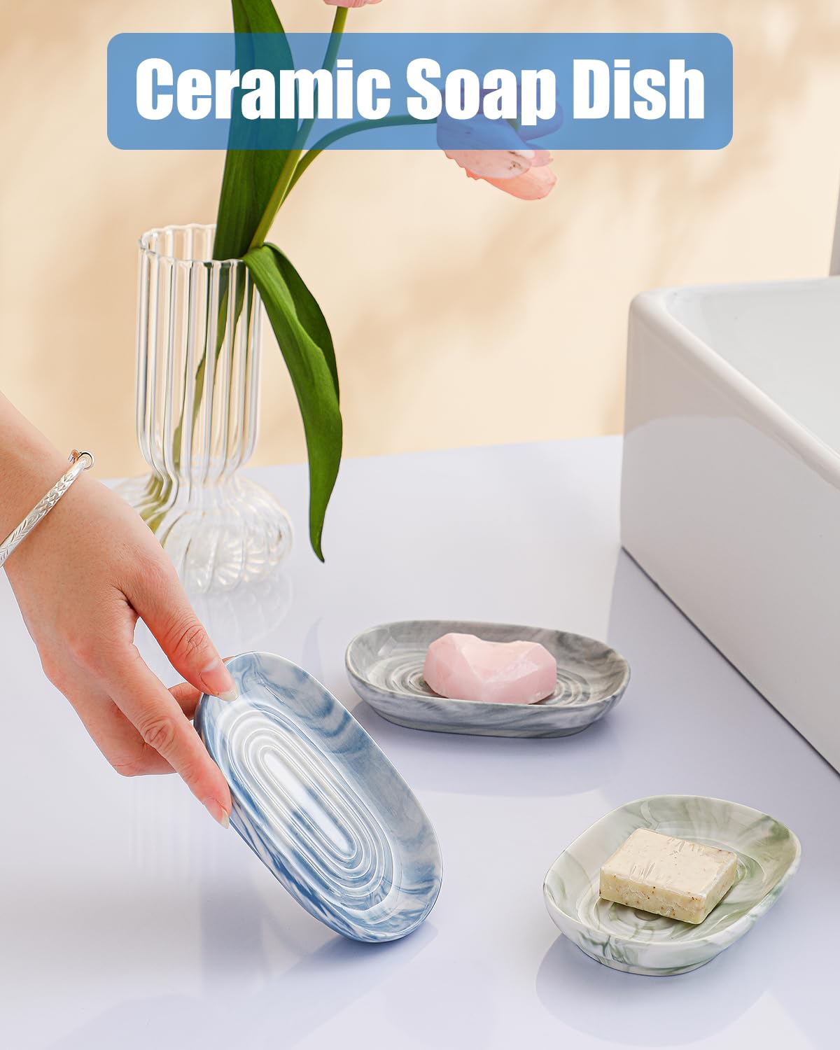 AIMAIAIMAI Blue Ceramic Soap Dish, Marble Pattern Bar Soap Holder - Elegant Hostess Gift, Housewarming Gift for New Home, Decorative Soap Tray for Bathroom, Kitchen