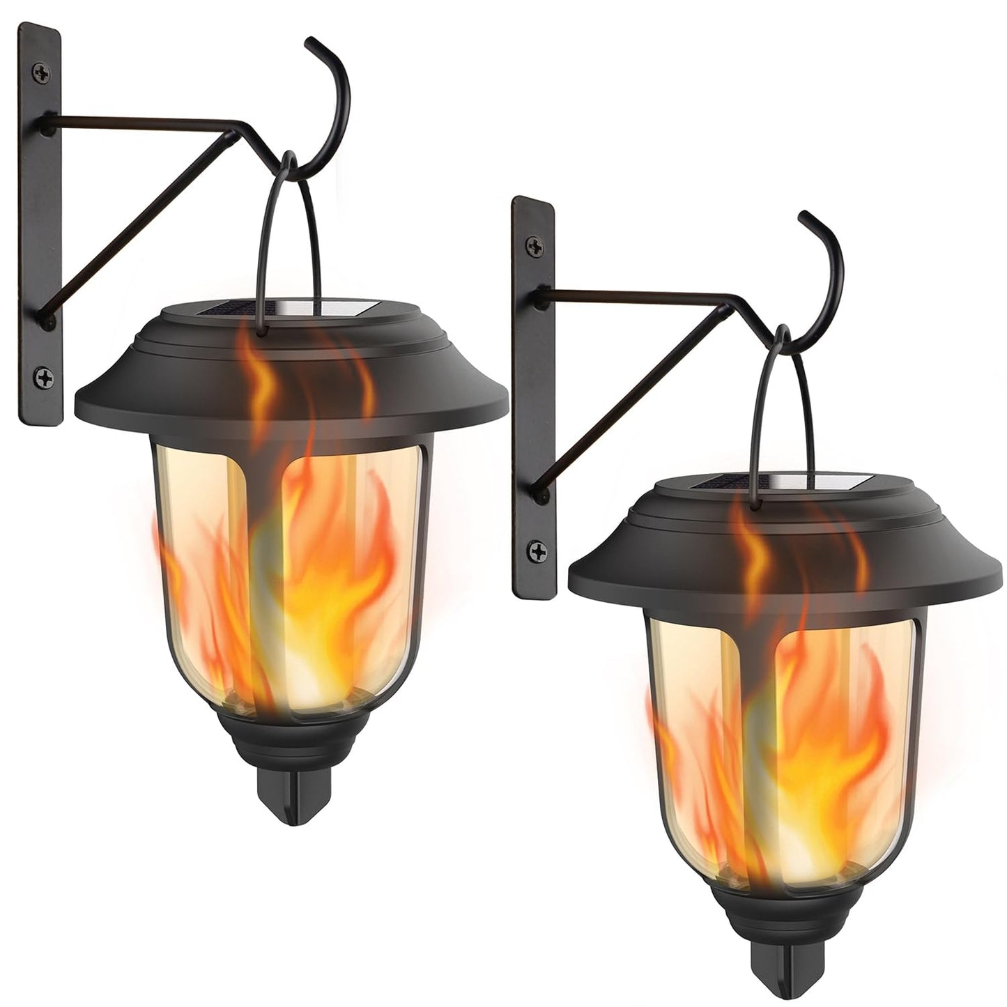 Dynaming 2 Pack Solar Flame Lanterns Outdoor, Hanging Solar Powered Wall Mounted Sconce Lights, Flickering Flame LED Light Auto On/Off, Waterproof for Garage Stair Patio Front Porch Yard