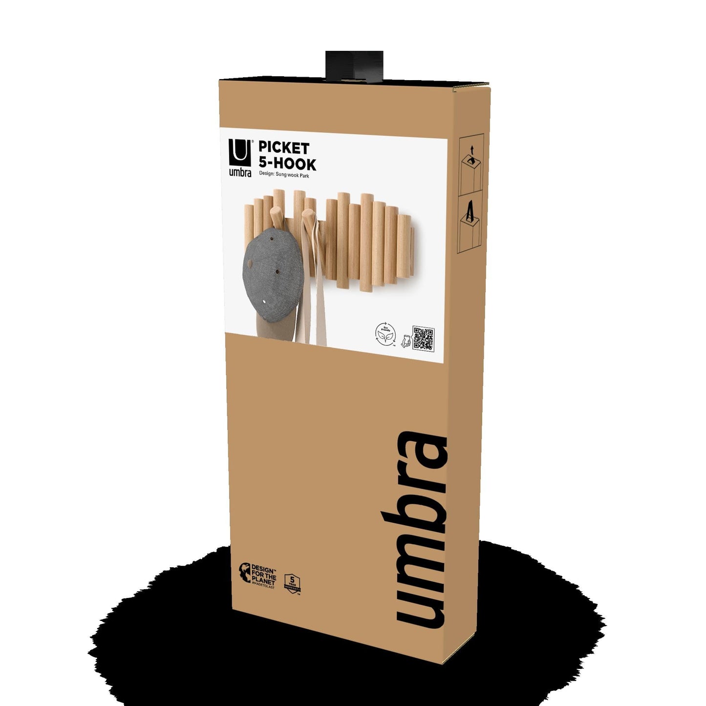 Umbra Picket Coat Rack Wall Mount – 5 Flip-Down Wood Coat Hooks, Modern & Functional Storage, Easy Install Wall Hooks, Natural