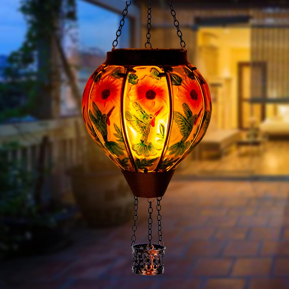 DREAMSOUL Hummingbird Hot Air Balloon Solar Lantern, Hanging Solar Lanterns Outdoor with Flickering Flame Light, Metal & Glass Solar Lanterns Outdoor Waterproof for Patio Yard Decor