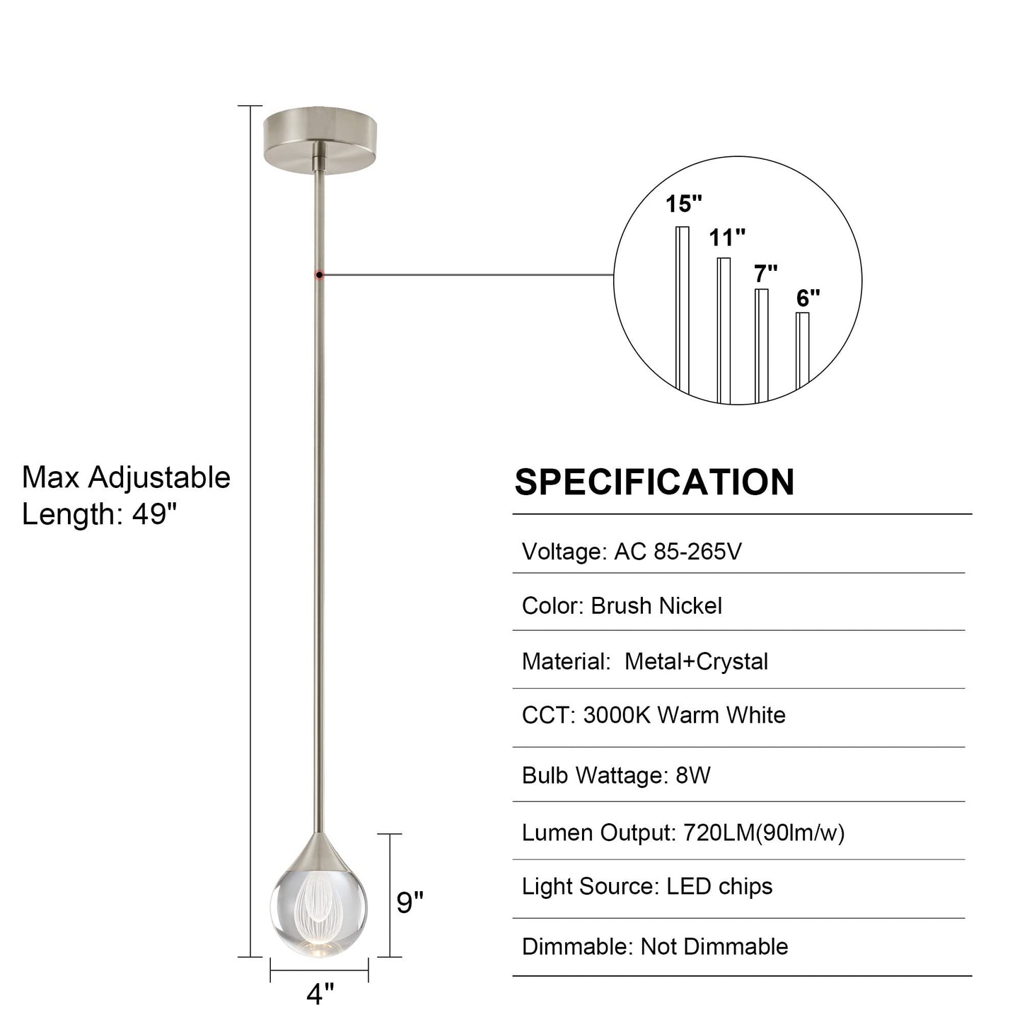 SUNMOO 1-Light Teardrop Crystal Pendant Light, Mini LED Crystal Globe Hanging Light Fixture, Modern Ceiling Pendant Lighting for Kitchen Island Dining Room Bedroom Bar 3000K 8W Brush Nickel