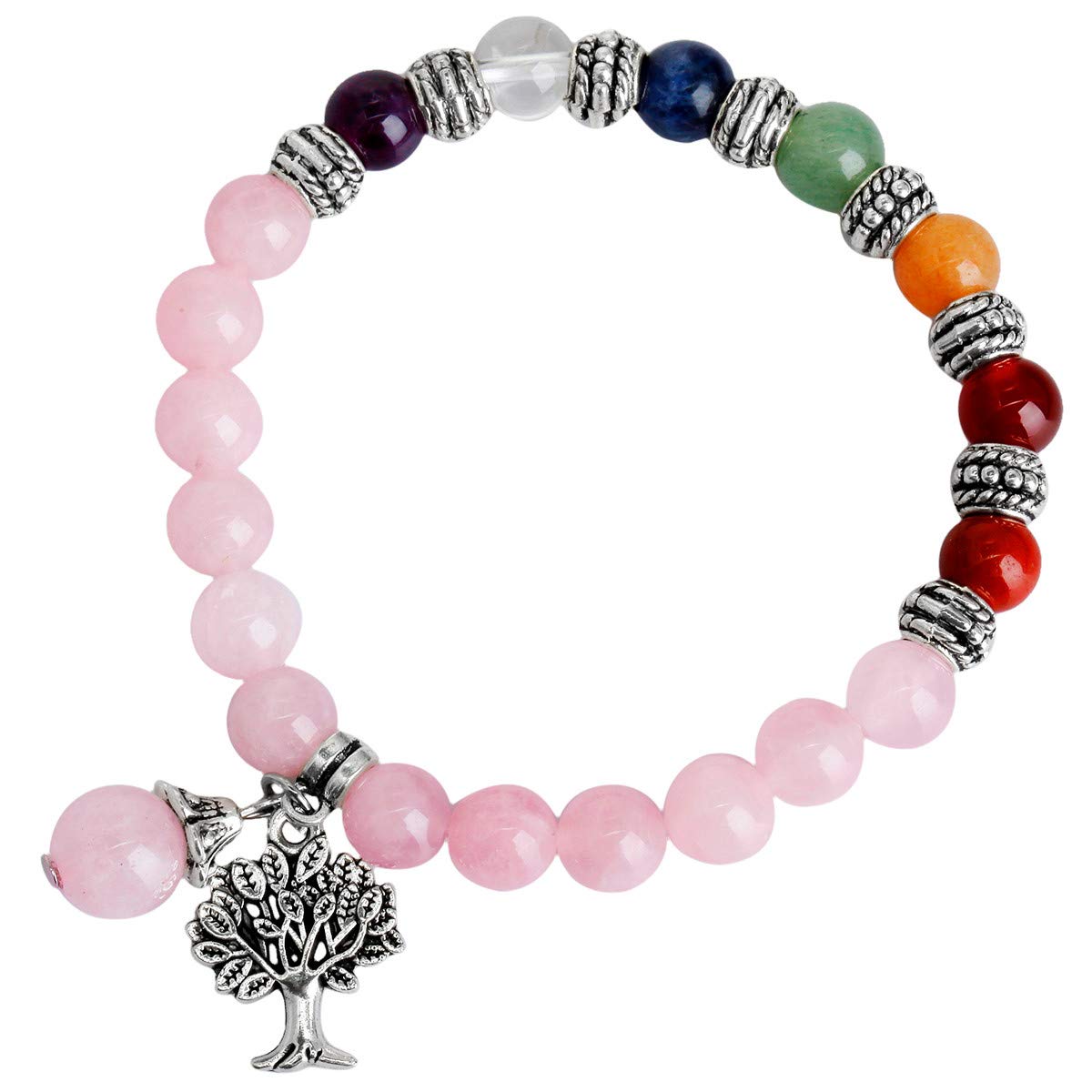 TUMBEELLUWA Beaded Bracelets Semi Precious Stone Yoga Beads Crystals Tree Charm Chakra Bracelet Handmade Jewelry for Women,Rose Quartz(7 Chakra)