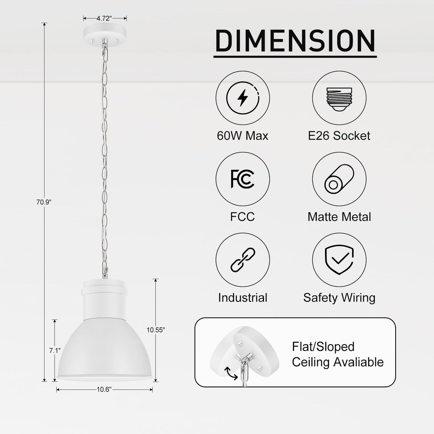 BoostArea White Pendant Lights Kitchen Island, 10.6" Large Metal Shade and 70.9'' Adjustable Height, Modern Pendant Lighting Fixtures,Farmhouse Hanging Pendant Light for Kitchen Island/Bar,No E26 Bulb