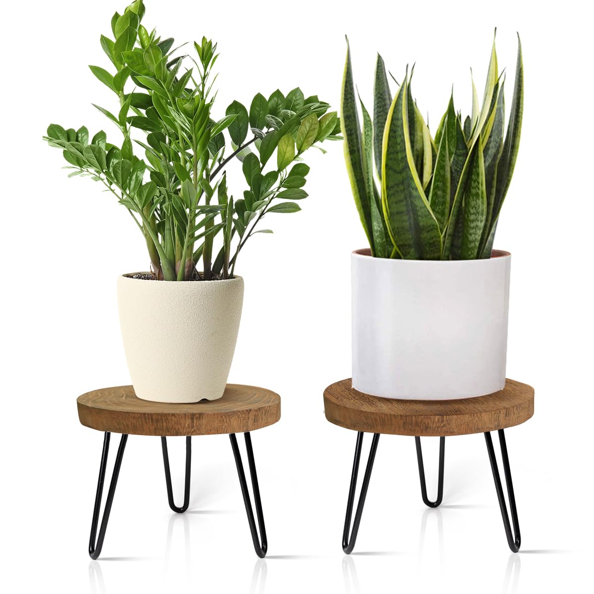 Plant Stand Indoor Outdoor, Wooden plant Stool, Mid Century Plant Stand for Indoor Plants, Wood Modern Plant Holder Rattan Flower, Low Short Boho Rustic Planter Stand Fit 5-15 Inch Pot(M, L)