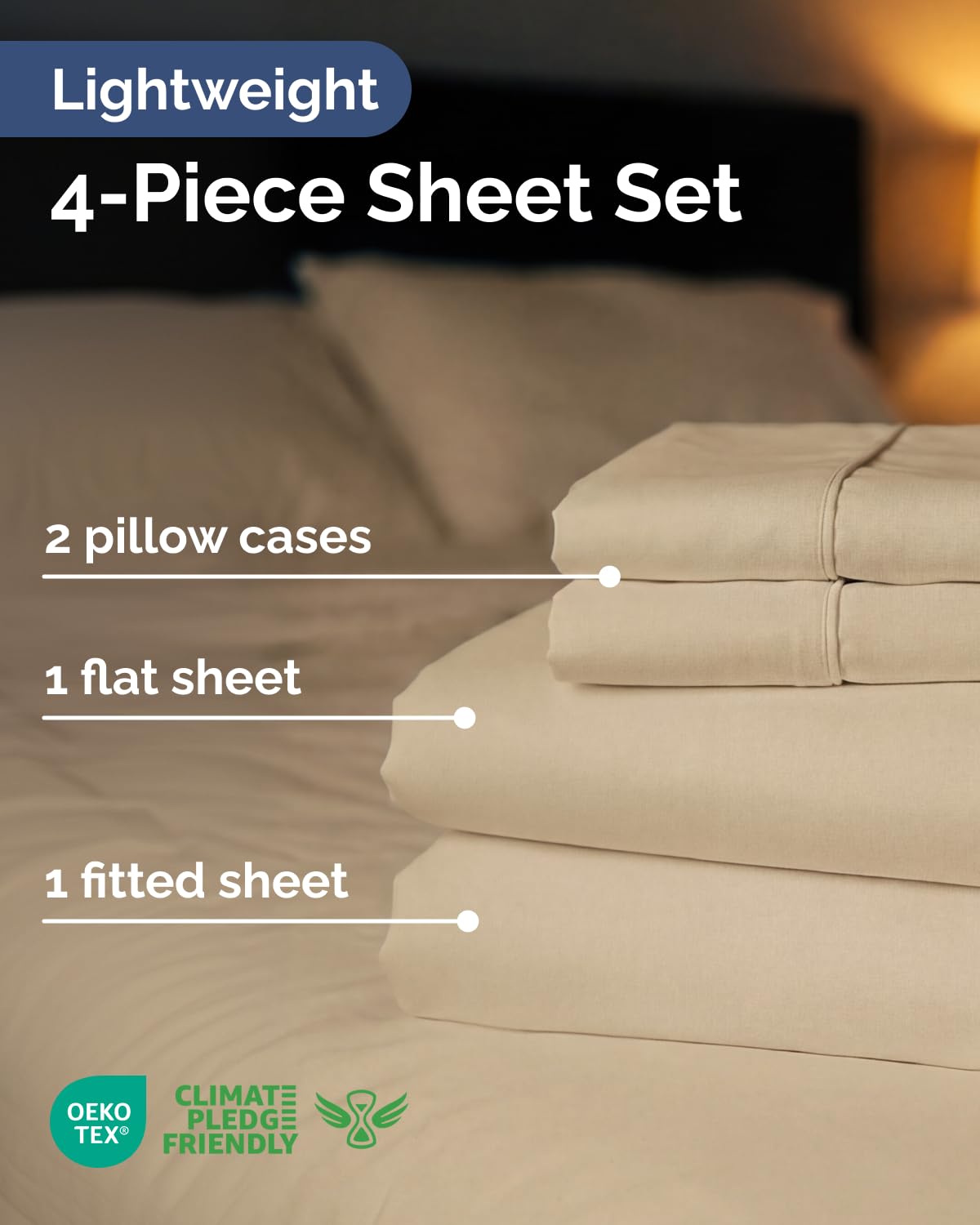 Lightweight 4 Piece Bed Sheet Set Queen Size - Cooling Sheets for Hot Sleepers - Soft Breathable Bedding Set w/ 8-16 Inch Deep Pockets - 1 Flat & 1 Fitted & 2 Pillowcases - Wrinkle Resistant - Wheat
