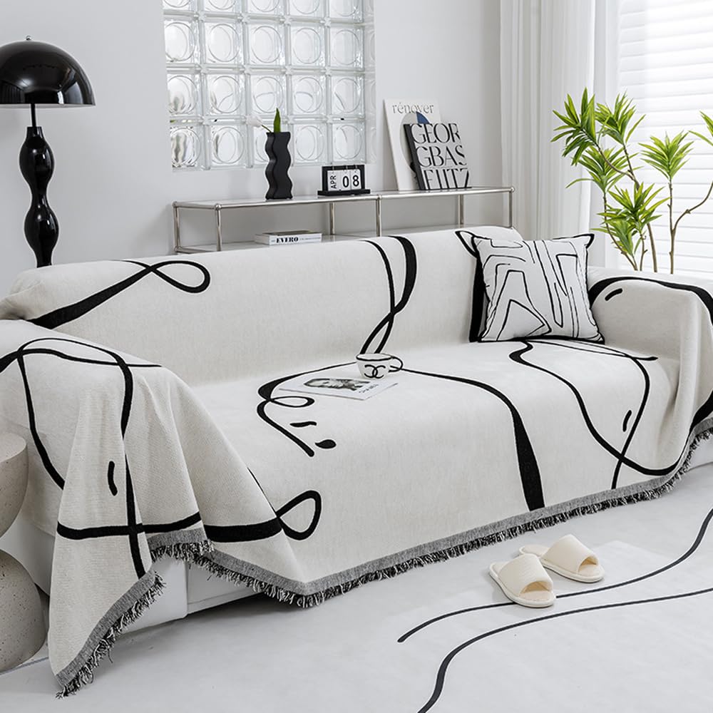 ERICSF Black and White Double-Sided can Cover Chenille Sofa Towel Full Covers Cloth Four Seasons Universal Models Straight Row a Piece of Non-Slip Sets Cover (71 * 118 inch)
