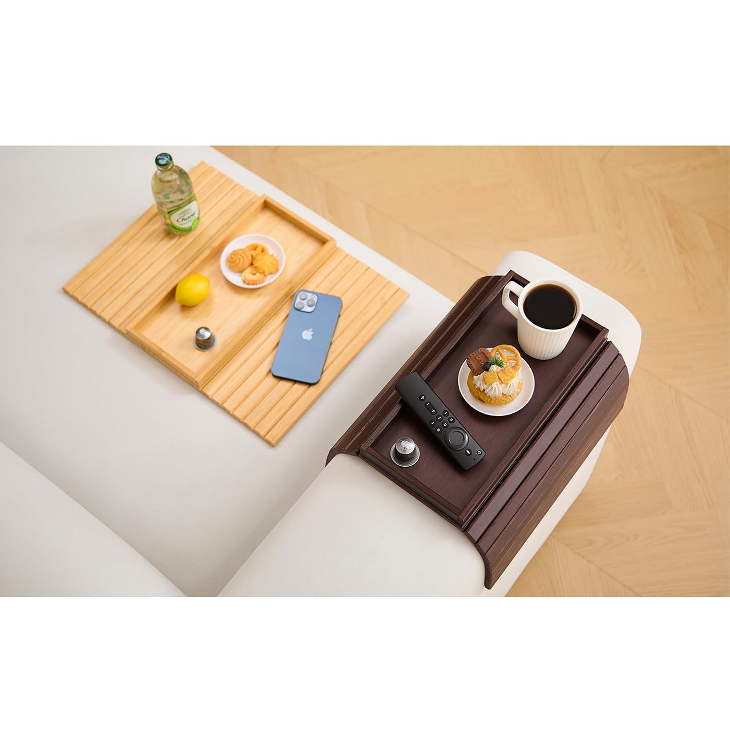 Bamboo Couch Arm Tray Table，Foldable Sofa Armrest Tray Table for Couch，Flexible and Anti-Slip Couch Arm Cup Holder，Portable Sofa Arm Chair Table for Drink,Cups, Eats，Snacks, Phone, Remote
