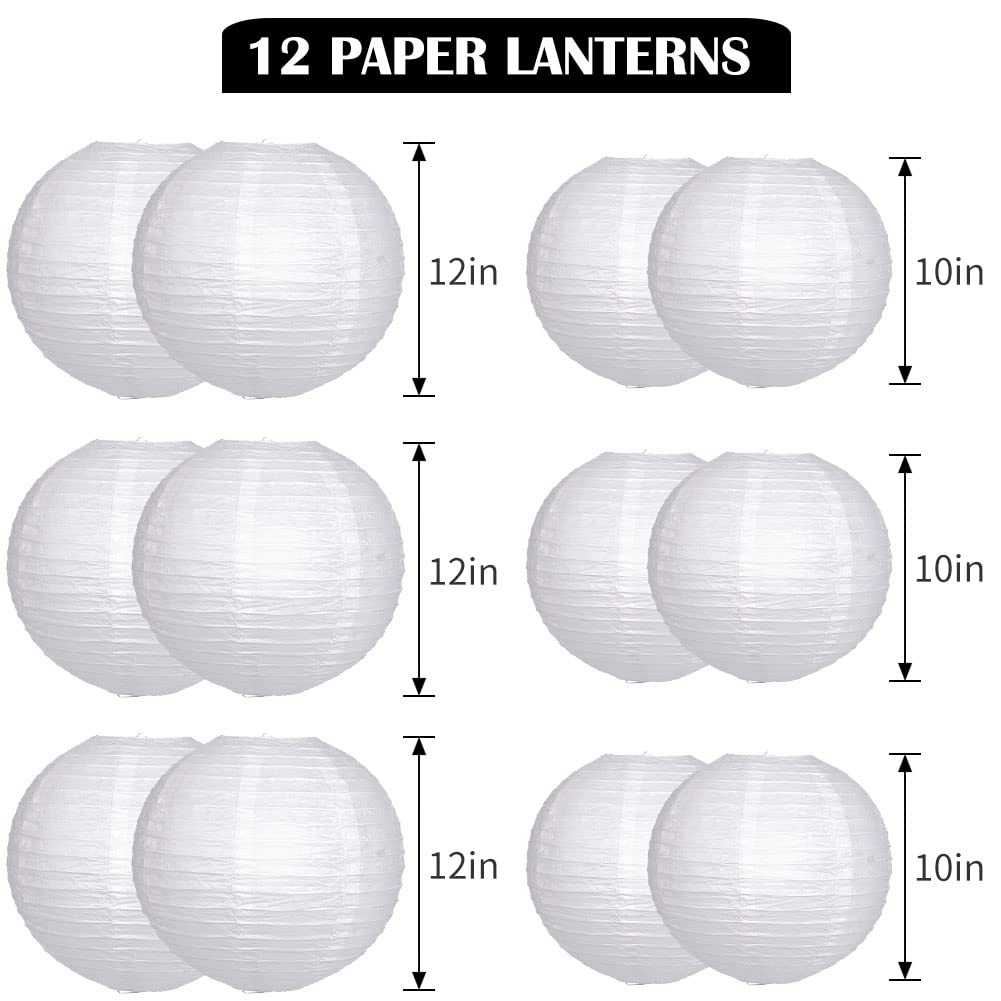 YUNXUAN Paper Lanterns Decorative, White Hanging Round Chinese Lanterns with Lights for Wedding Anniversary Birthday Party 12 LED Light Pack of 12