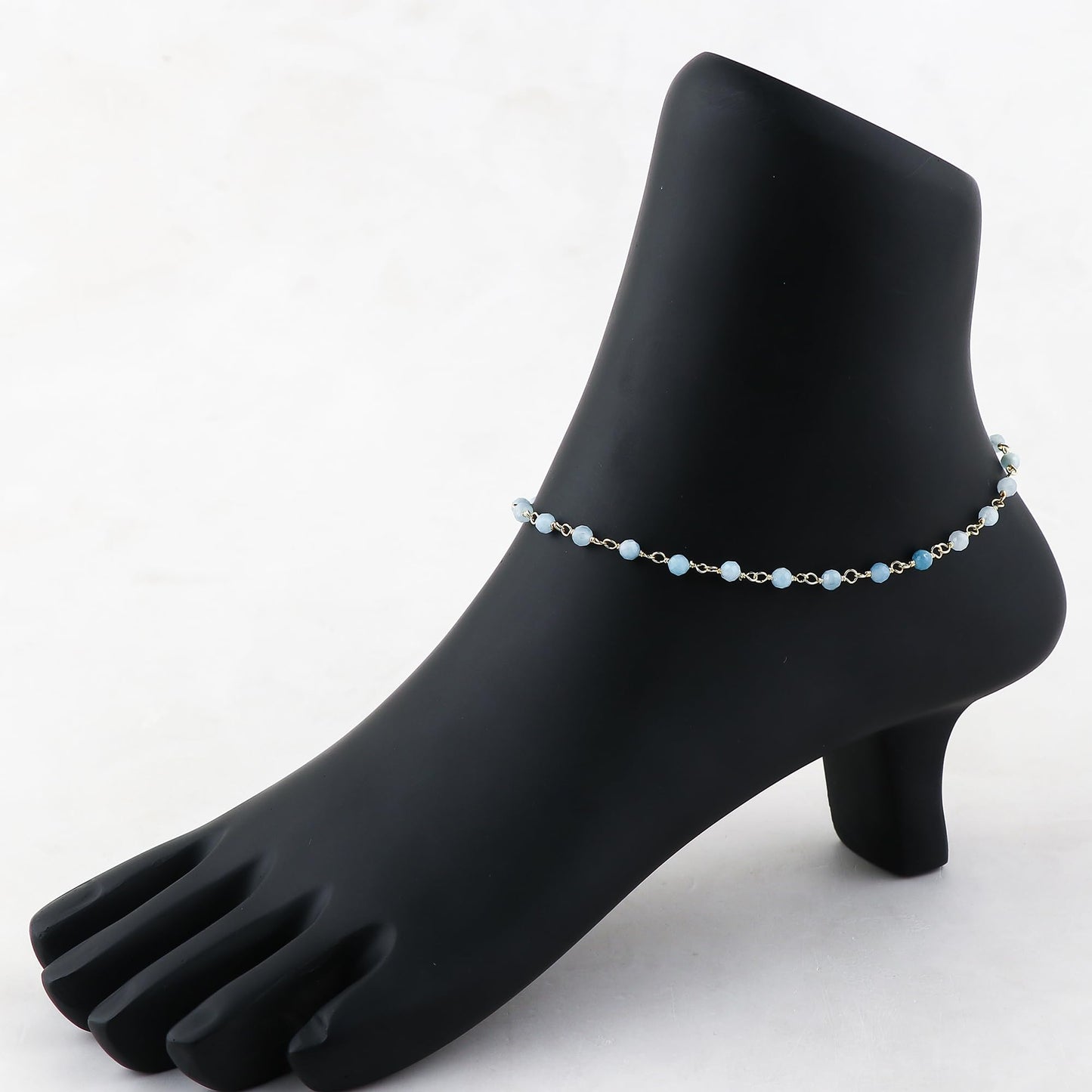 JOR Natural Aquamarine Beaded Rosary Anklet, Handmade Craft, Anklet Beads Bracelet, Chakra Healing Anklet, Gemstone Women Jewelry, Dainty Gold Plated Anklet 9 inch + 1.5 inch (1pcs)