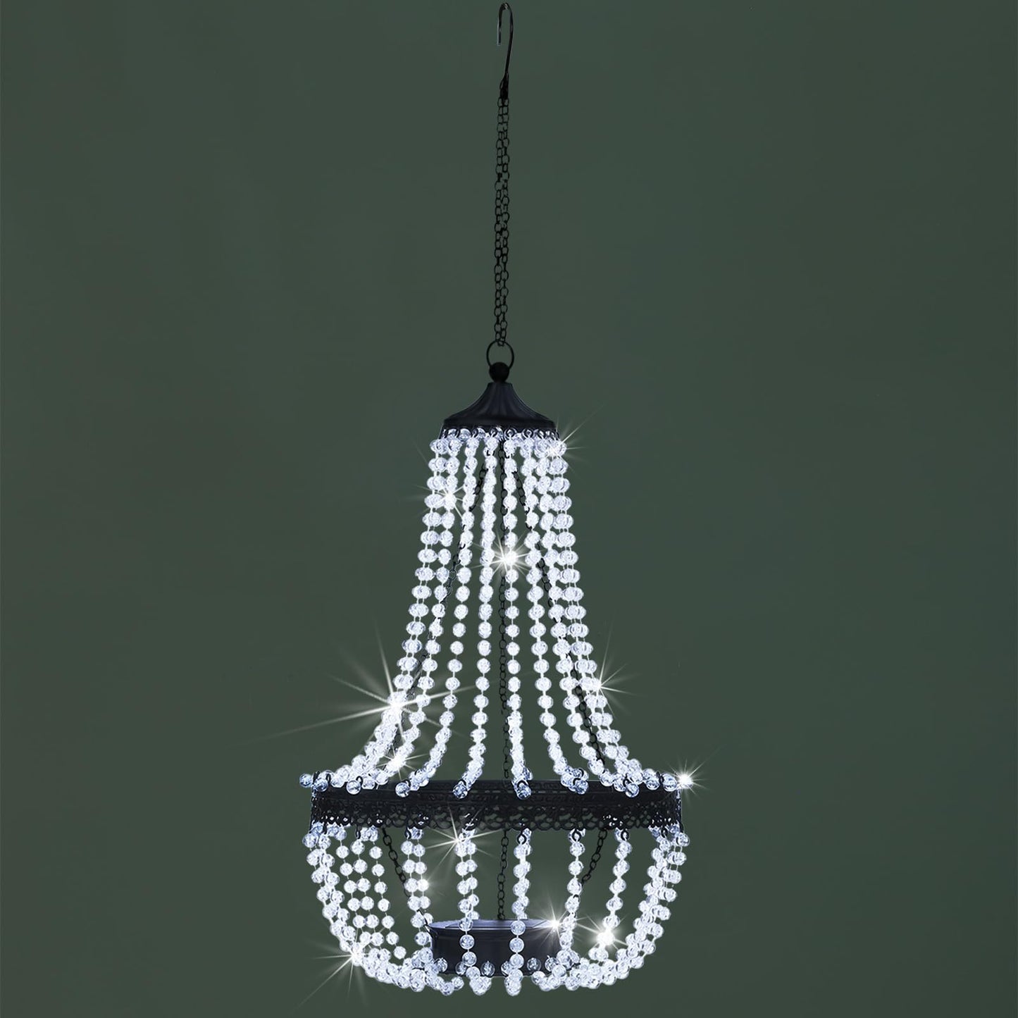 Hanging Solar Chandelier Outdoor Lantern, 30 Cool White Lights Acrylic Clear Beaded Chandelier with S Hooks Modern Lantern for Garden Yard Patio Gazebo Decorations, 28”H