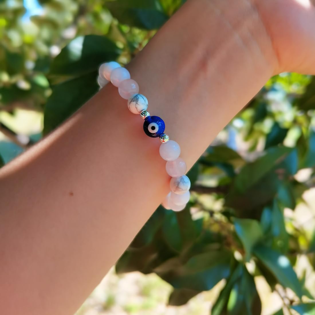 DLYFNVEV Love Friendship Harmony Peace Bracelet Rose Quartz Blue Aquamarine Howlite Eye Evil Protection Healing Crystal Beaded Anxiety Relief Triple Natural Stone Jewelry Gifts For Women