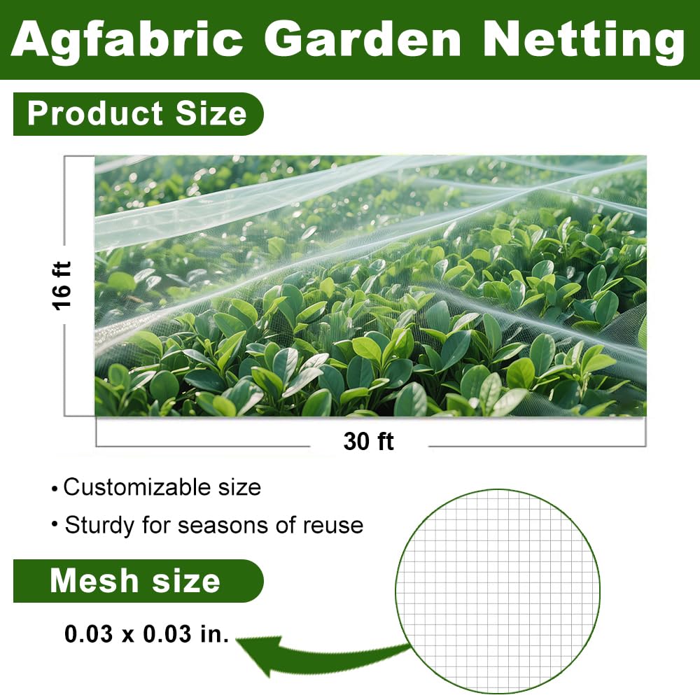 Agfabric Garden Netting 16'x30' Insect Pest Barrier Bird Netting for Garden Protection,Row Cover Mesh Netting for Vegetables Fruit Trees and Plants,White