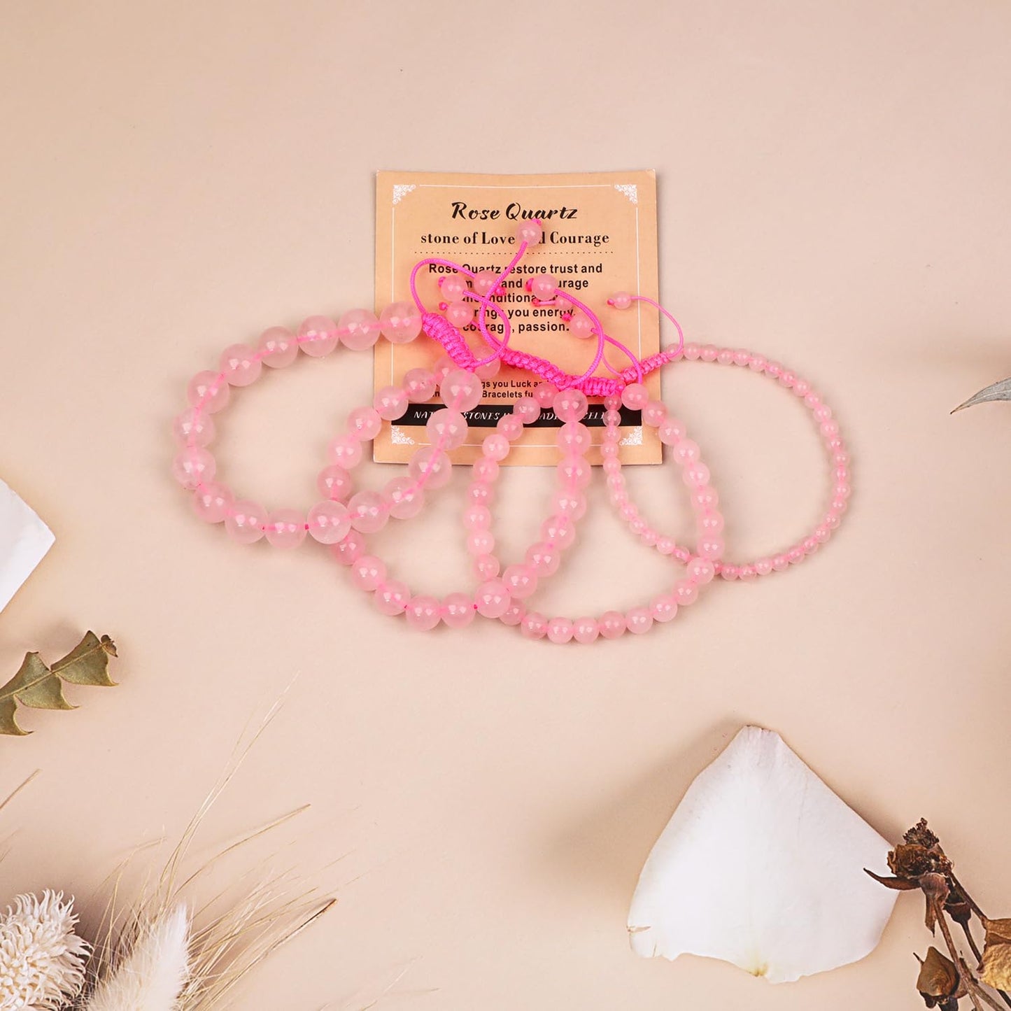 AD Beads 8mm Rose Quartz Bracelet - Stone of stone of Love and Courage - Handmade Natural Stone Crystal Bracelet with Adjustable Macrame String - Yoga Healing Power Energy Gifts for Men and Women