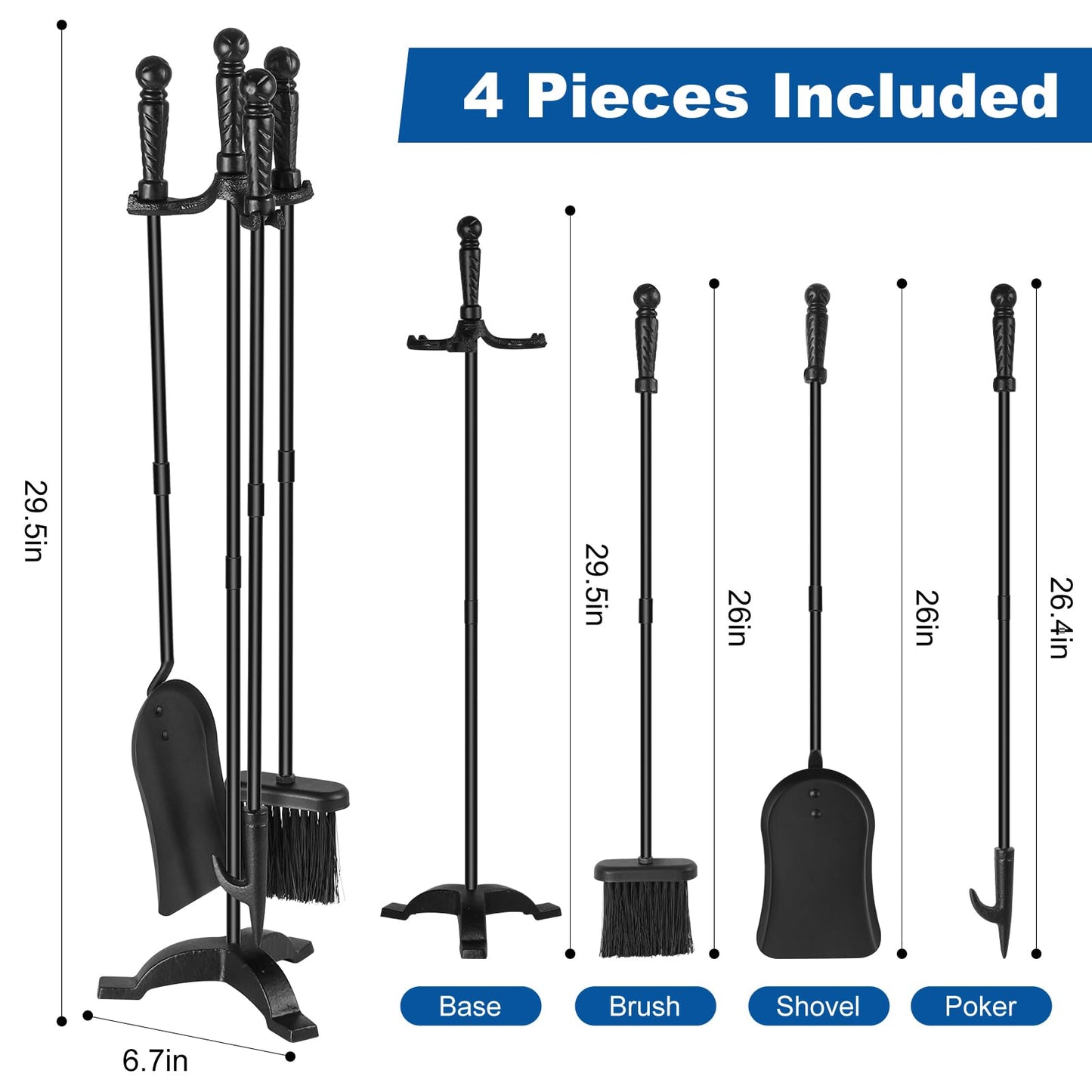MAT 7-BANQUET Fireplace Tool Sets with Stand Cast Iron Fire Tools Fireplace Accessories Wood Burning with Poker Shovel Brush Wood Stove Tools Black