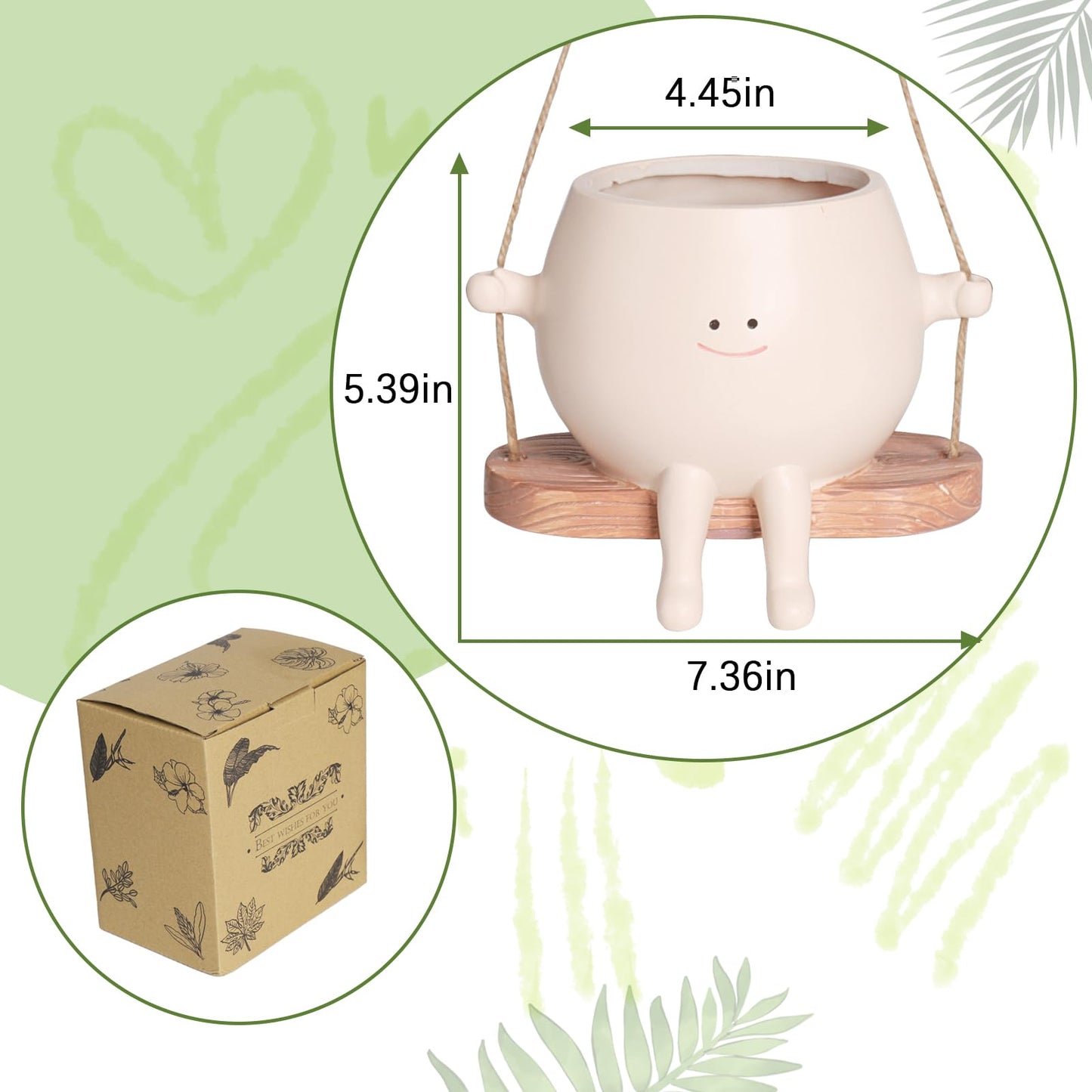 Swing Smily Face Planter Pot Cute Hanging Flower Head Planters for Indoor Outdoor Resin Face Planter Plus Size Succulents Plants Pots for Christmas Mother's Day Planters Gift Ideas
