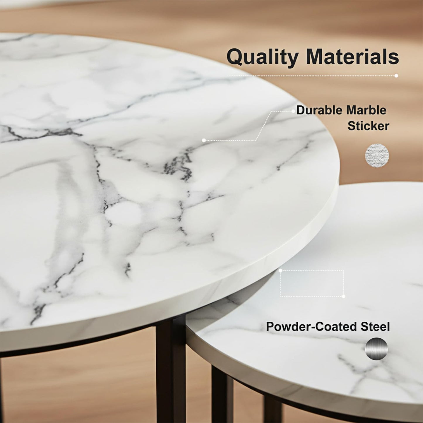 Round Nesting Coffee Table Set of 2, Modern Marble Pattern Wooden Nesting Tables, Stacking Minimalist End Table for Living Room Bedroom Small Space, White and Black