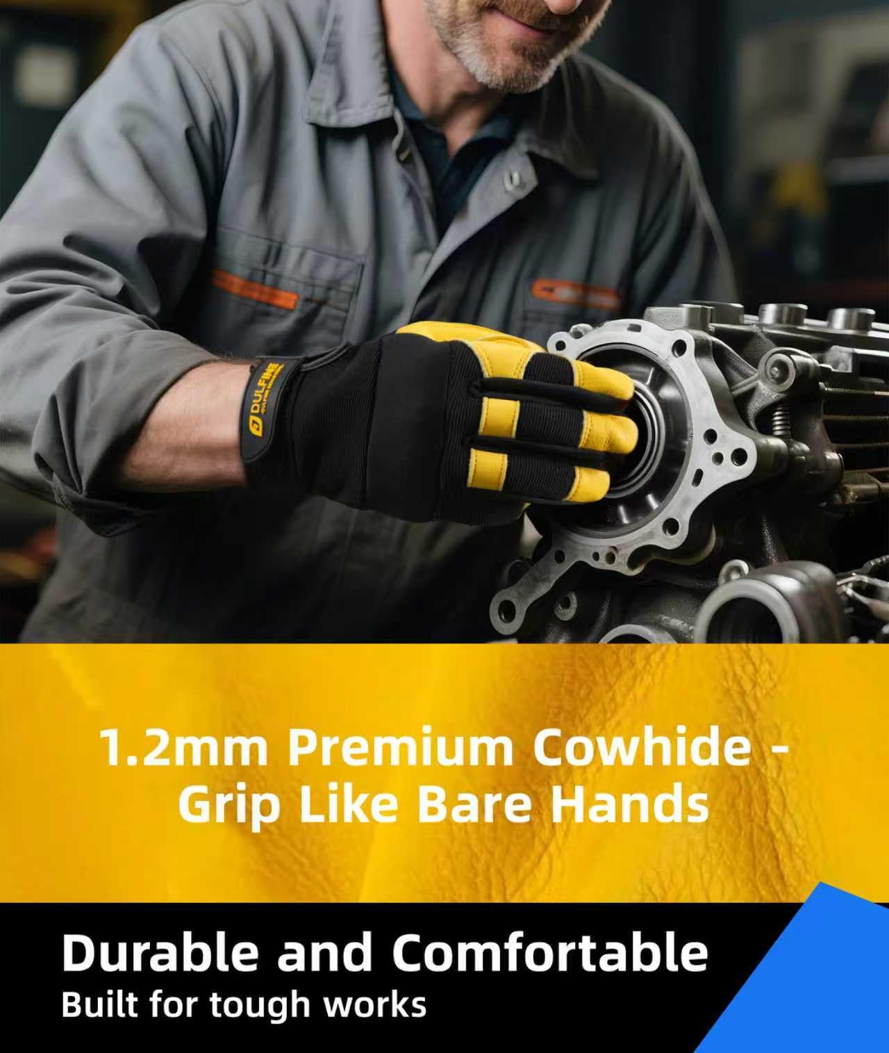 DULFINE Cow Leather Palm Mechanic Work Gloves for Men & Women,Flexible Breathable Fit-Padded Knuckles,Ideal for Construction Yardworks DIY