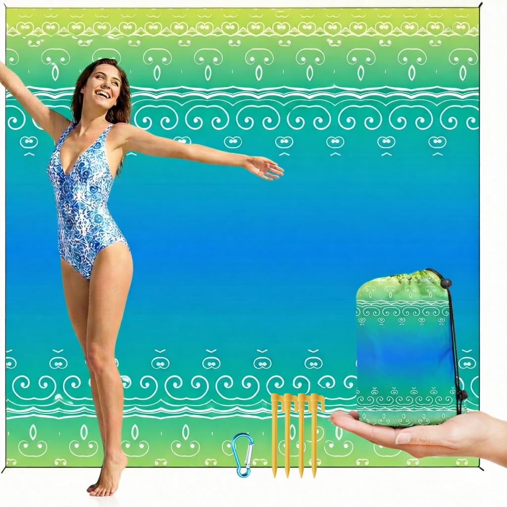 HZJOYUE Oversized Beach Blanket (79" x 79") - Sandproof & Waterproof Outdoor Picnic Mat for 4-7 Adults - Lightweight, Foldable & Portable Ground Cover for Travel, Camping, Festivals