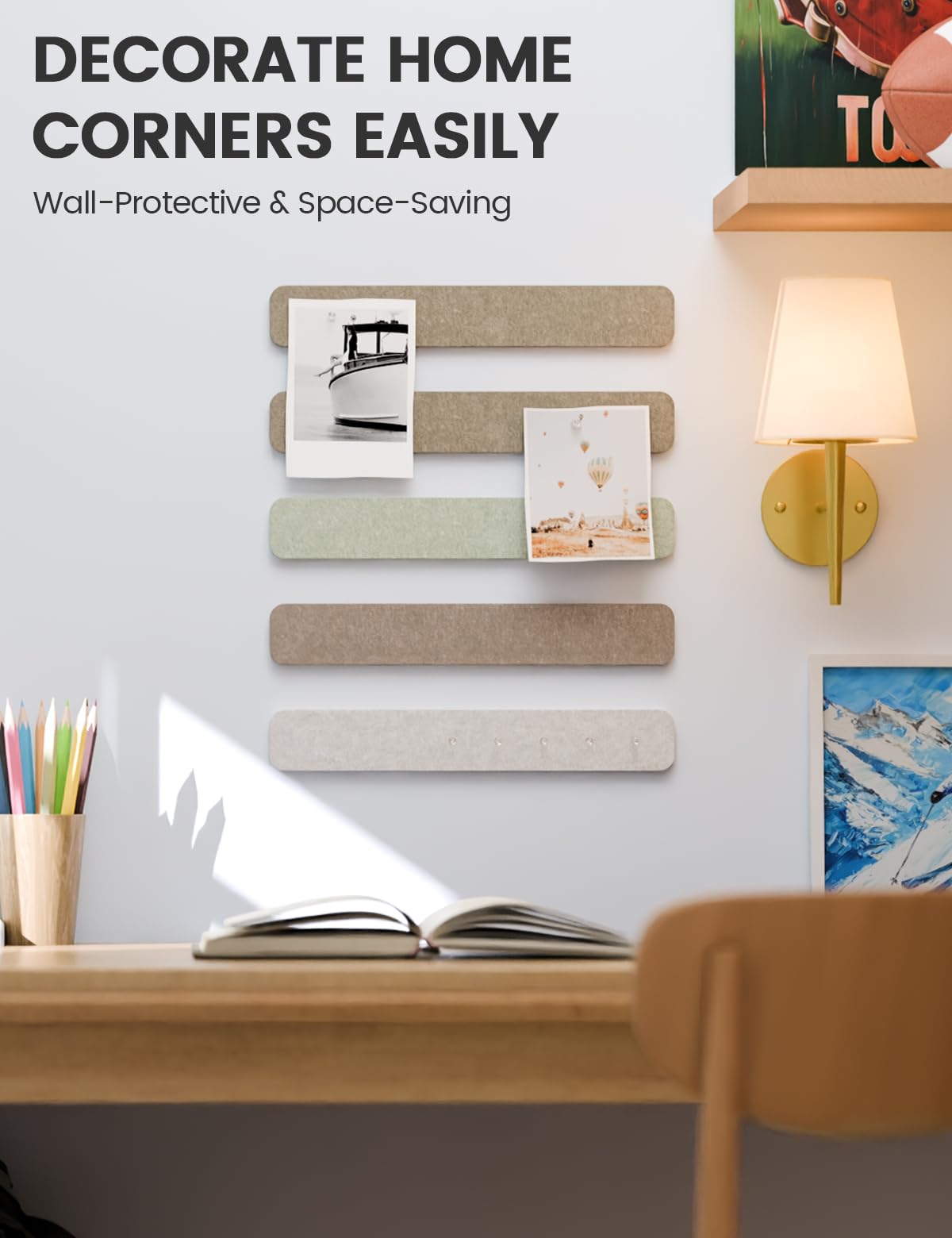 Fluxynara Cork Board Alternative Felt Strip Board 8-Pack 13"x2", Office Pin Board with 50 Push Pins, Adhesive Install for Bedroom Door & Home Office(Linen Dusk)